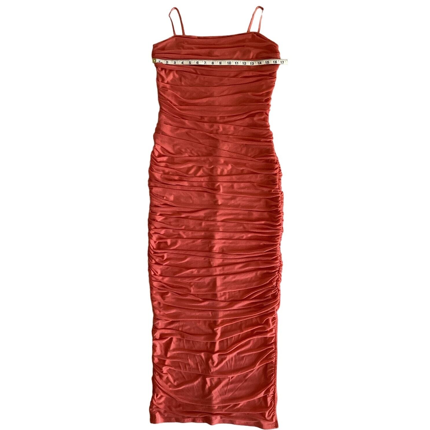 Venus Ruched Mesh Fitted Bodycon Maxi Dress Coral L
