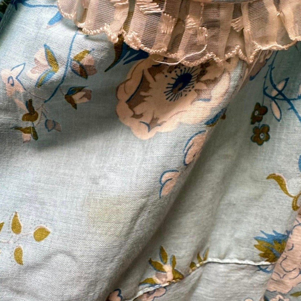 Vintage 1940s Blue Floral Seersucker Cotton House Dress Tie Waist Pockets Lace