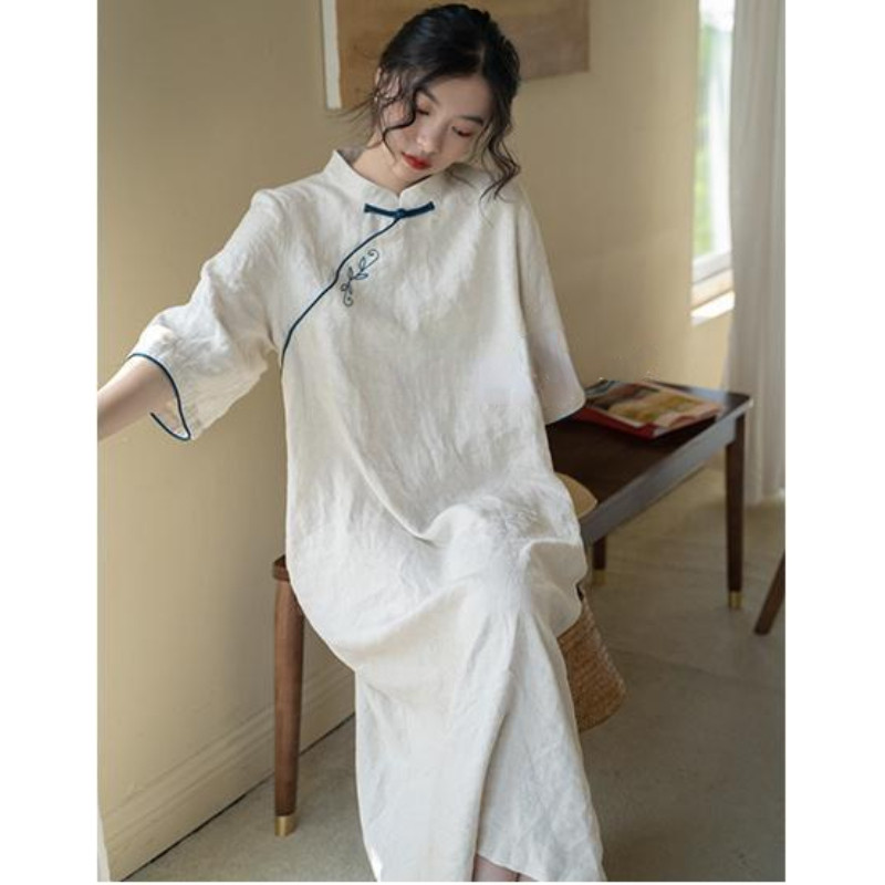 Chinese Style Hanfu Dress Mid-length Ethnic Cheongsam Short Sleeve Qipao Party