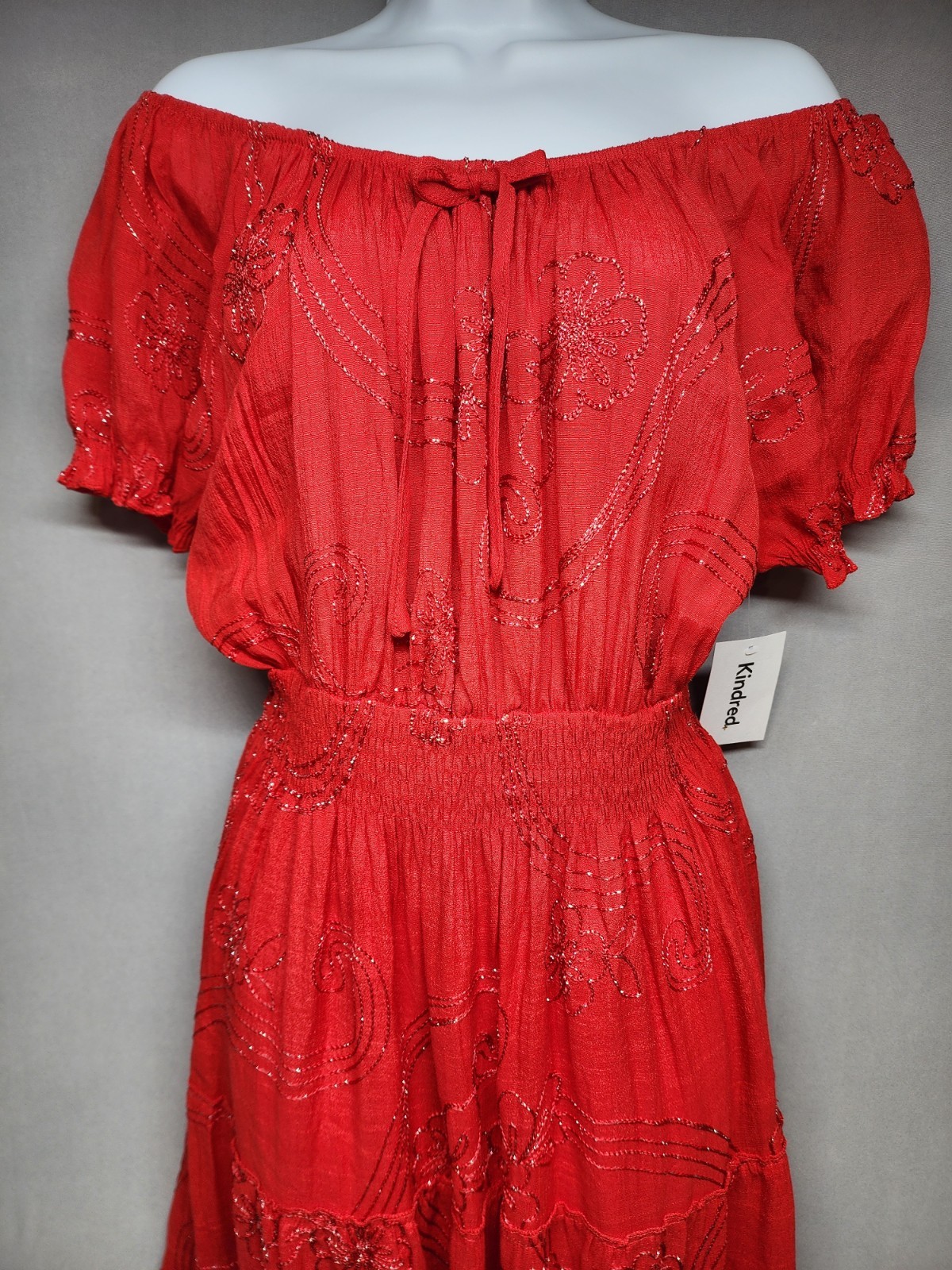 Anthropologie Kindred Red 2X Floral Embroidered Tiered Maxi Dress Smocked