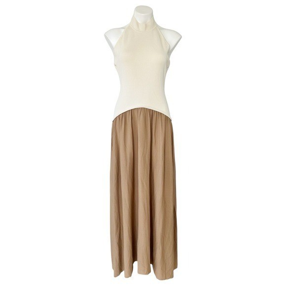 Solid and Striped Soglio Halter Ecru Camel Brown Maxi Dress Size L