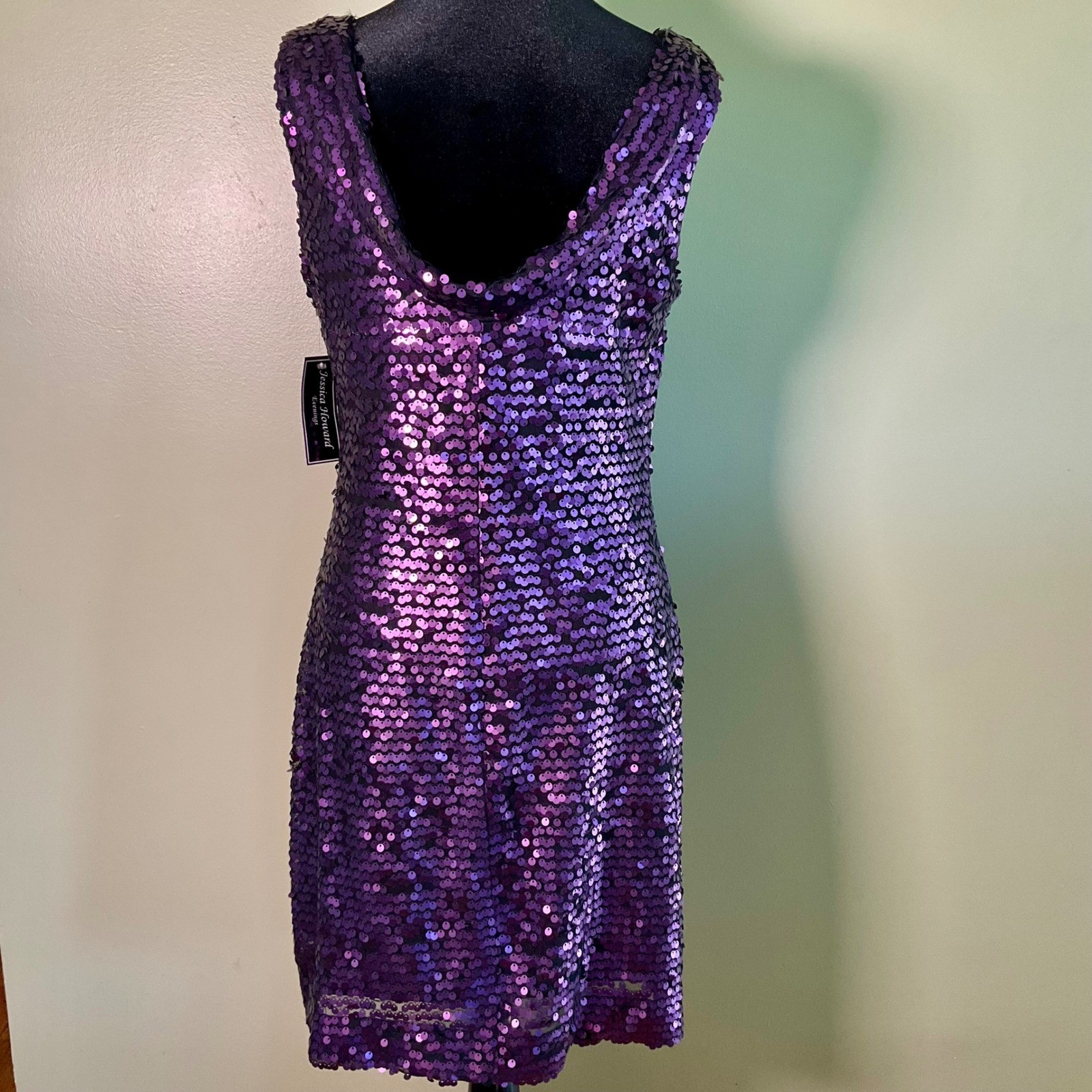 NWT Jessica Howard Sequin Mini Dress 8 Eggplant Purple Low V Back Cocktail Party