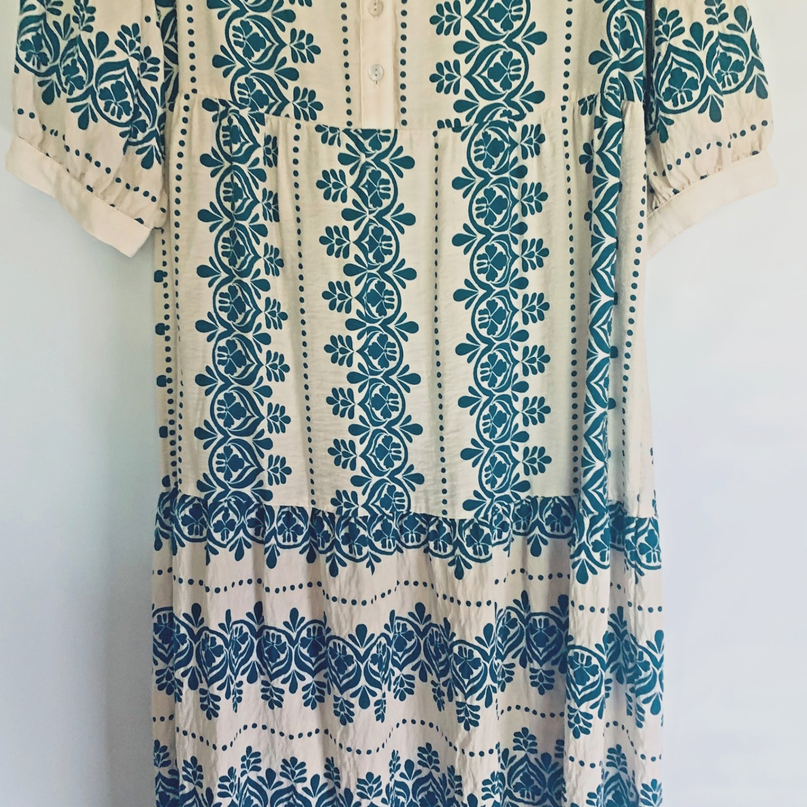 Figueroa & Flowers Dress Size Large Tiered 3/4 Sleeves Boho Teal Blue and Ivory