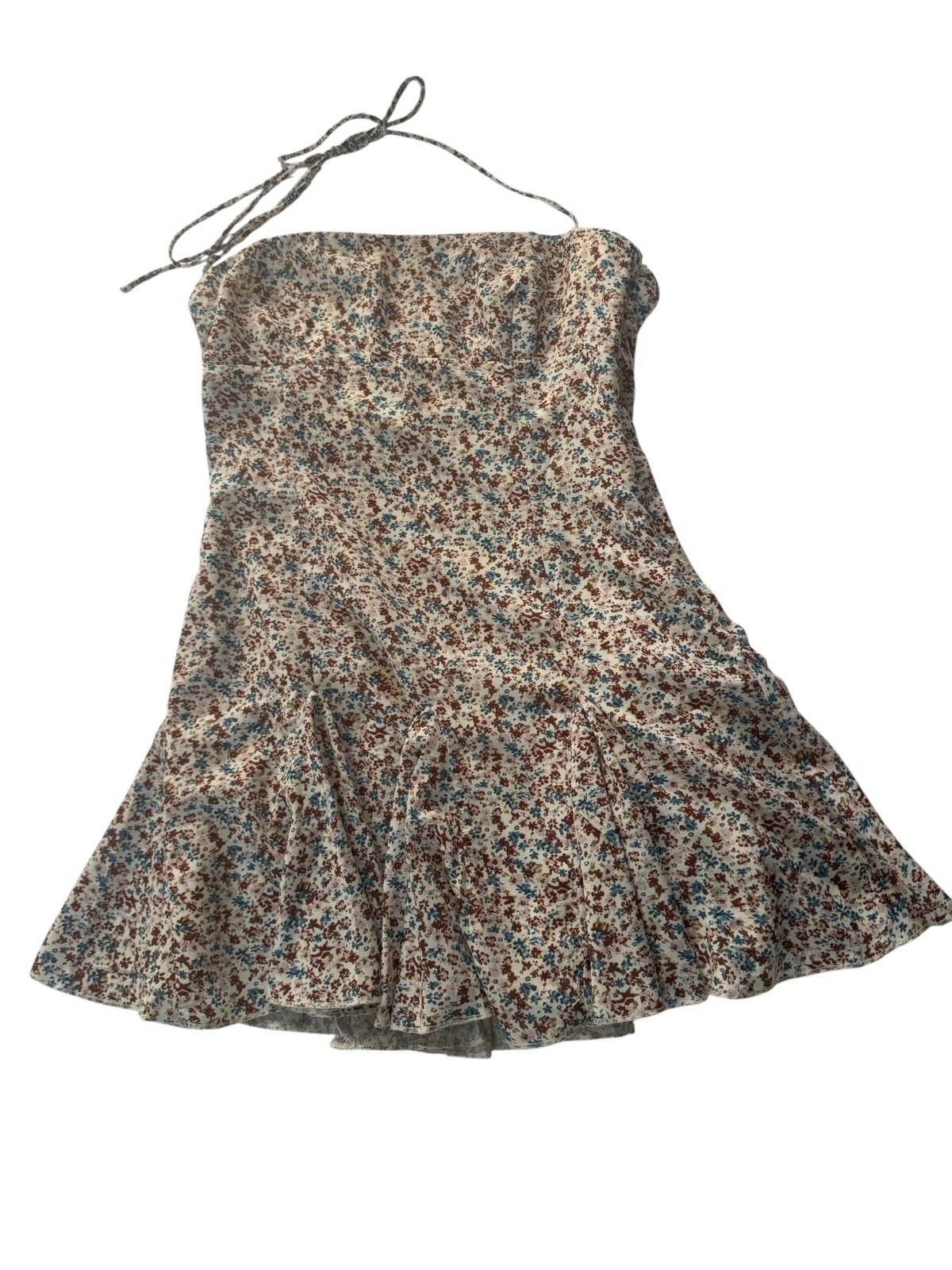 PRINCESS POLLY SZ 4 Mini Dress Brown Blue Floral Fit & Flare Halter Strap #5121