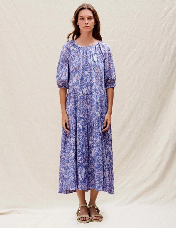Sundry 100% cotton Wild Floral Midi Dress in Chambray- boho cottagecore