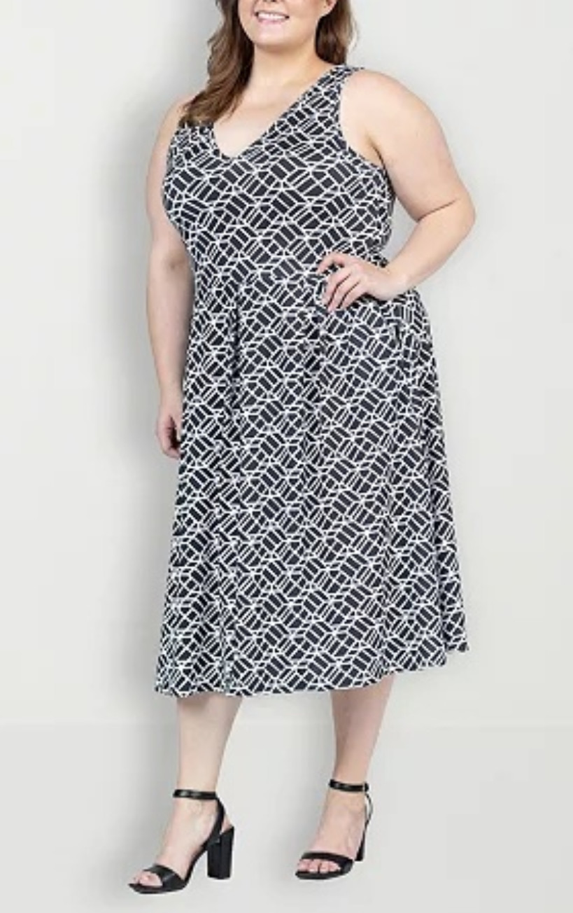 24seven Comfort Apparel Sleeveless Pocket Dress Black Multi Plus Size 1X