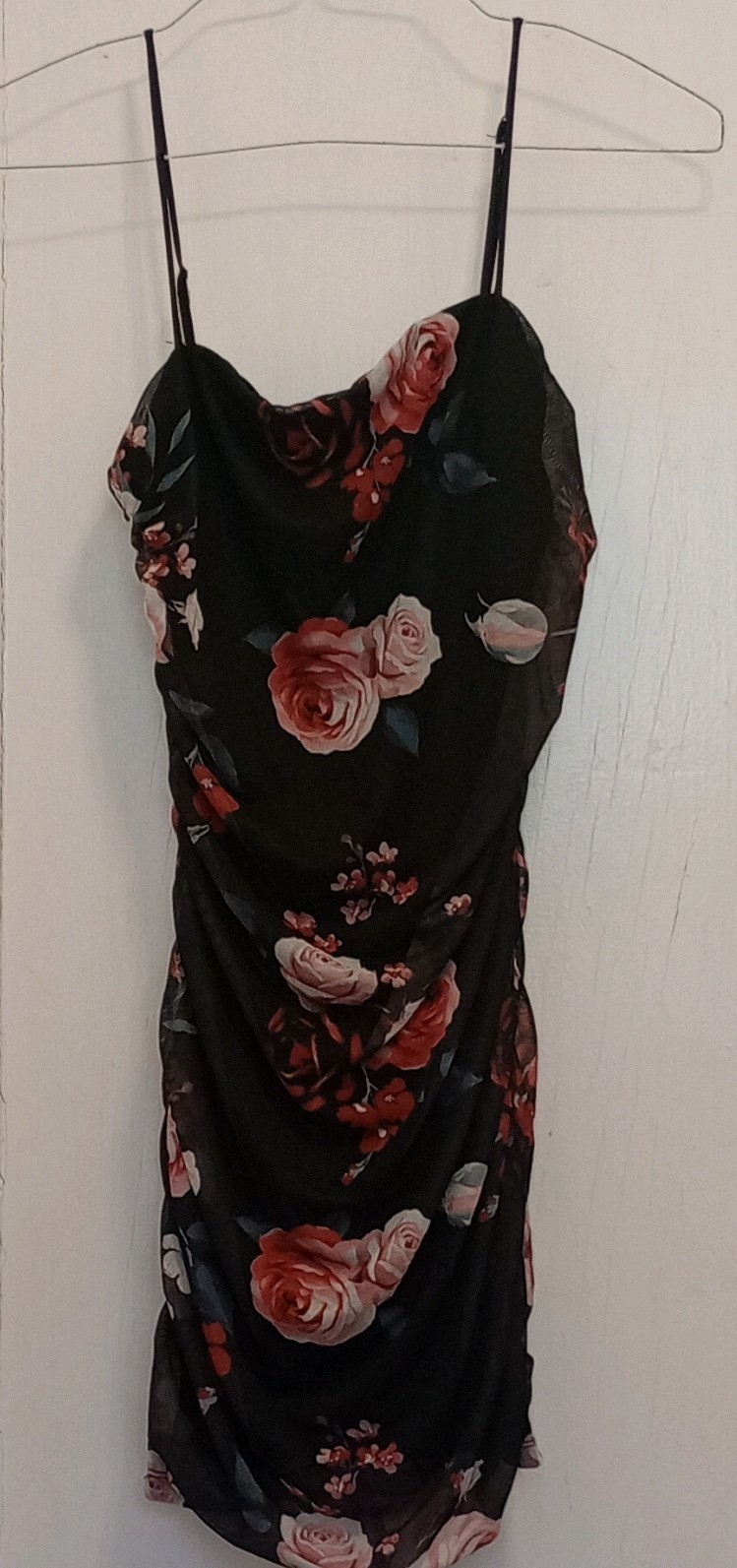 Streetwear Society Black Red Floral Mesh Bodycon Dress Cowl Neck Strappy L