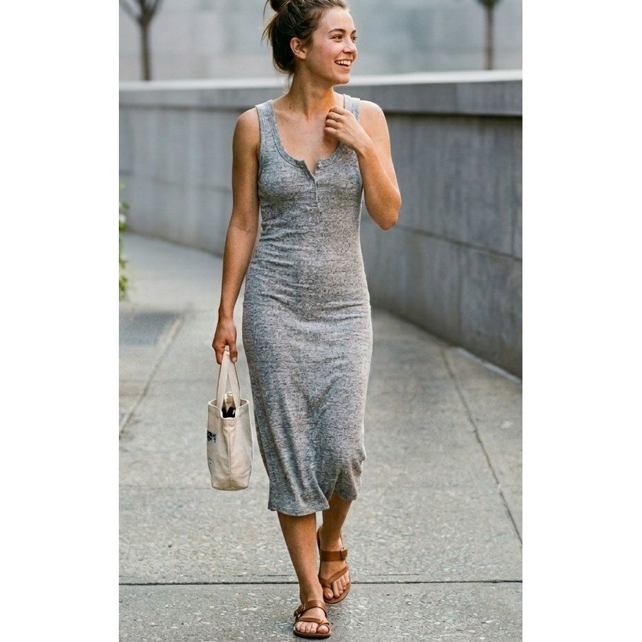 Wilfred Free Aritzia XXS Gray Marl Henley Midi Dress Sleeveless Knit Bodycon