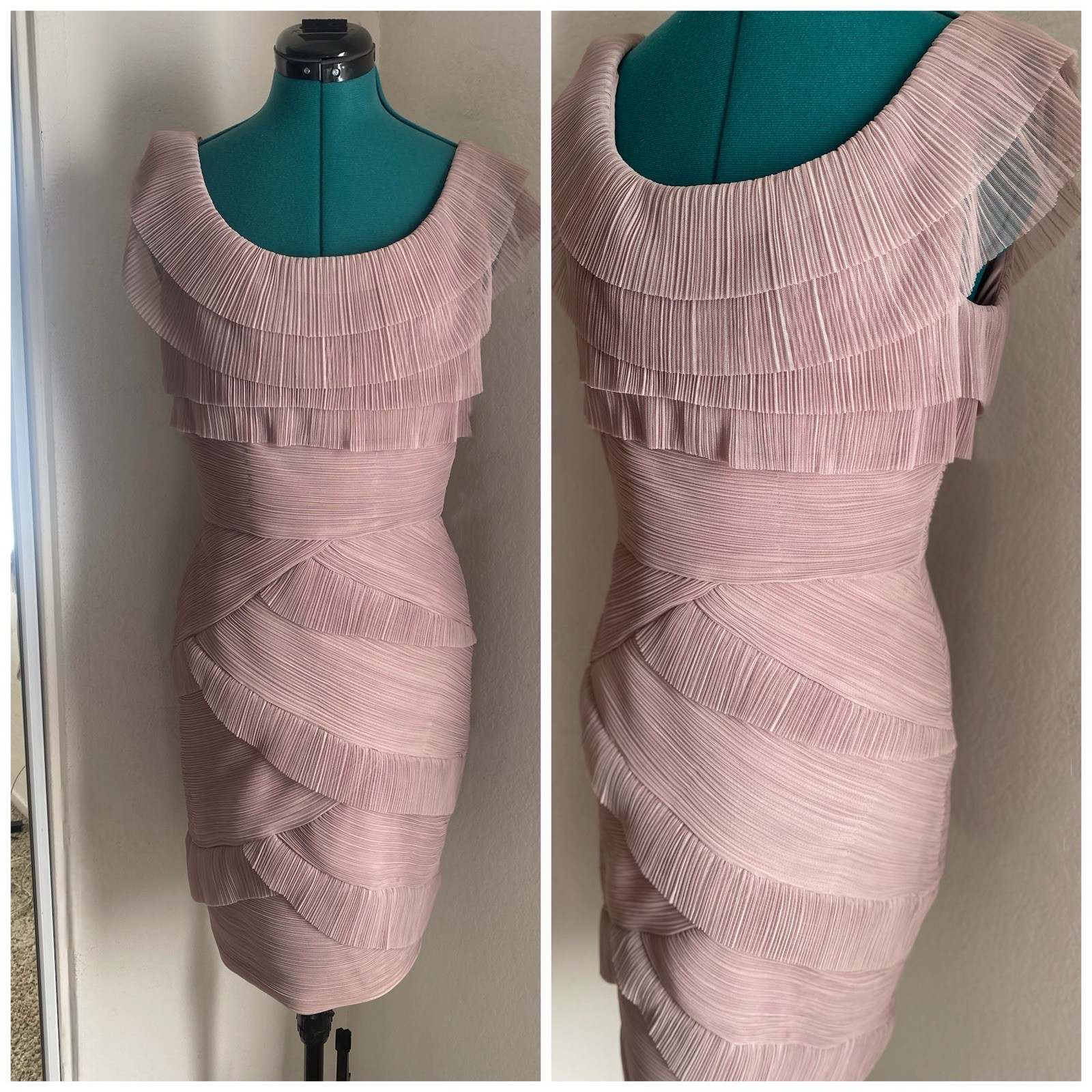 BCBGMaxAzria Pleated Tiered Mini Dress in Blush Beige Size 10