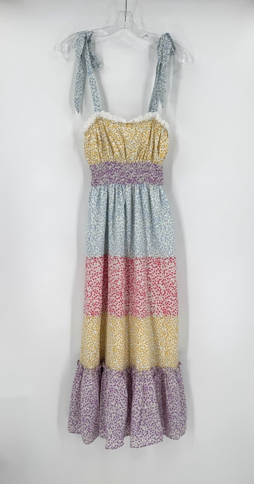 Stellah Multicolor Floral Ruffle Tie Strap Smocked Layered Midi Dress Sz XS NEW