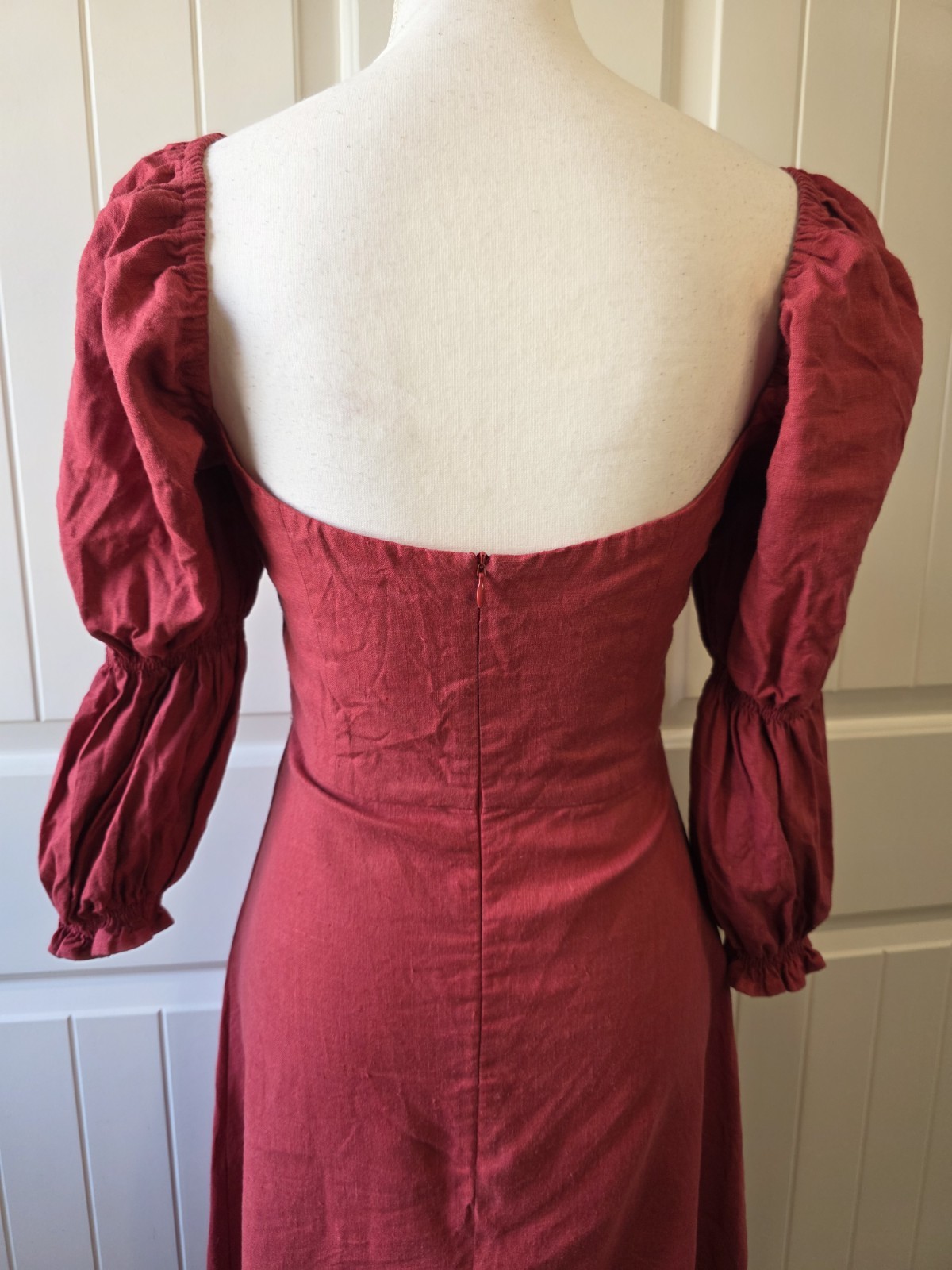 GAÂLA Paris Minsk 100% Linen Puff Sleeve Midi Dress Burgundy Size 36 EU Us 4