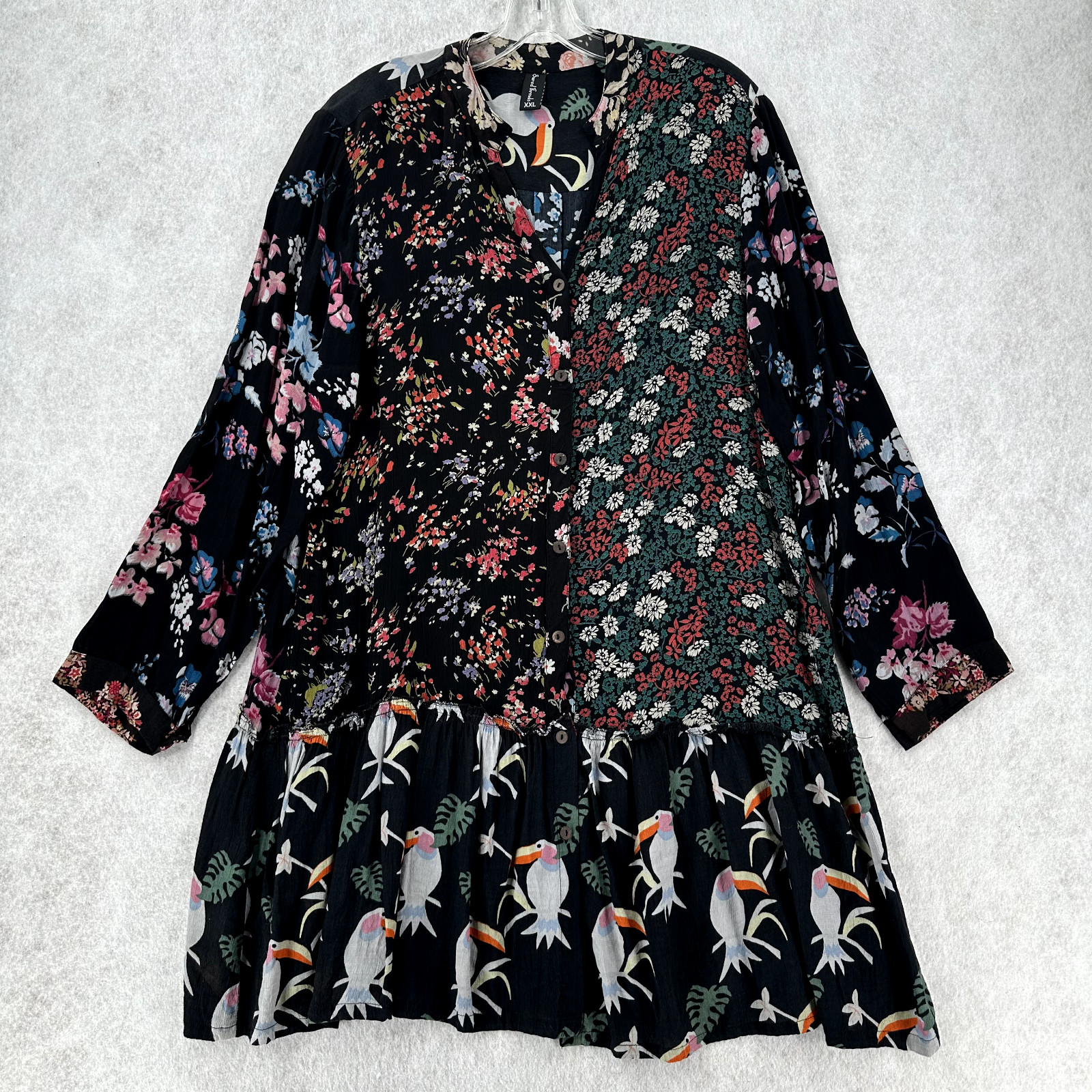 Sacred Threads Dress Womens XXL Patchwork Boho Long Sleeve Tiered Birds Chiffon