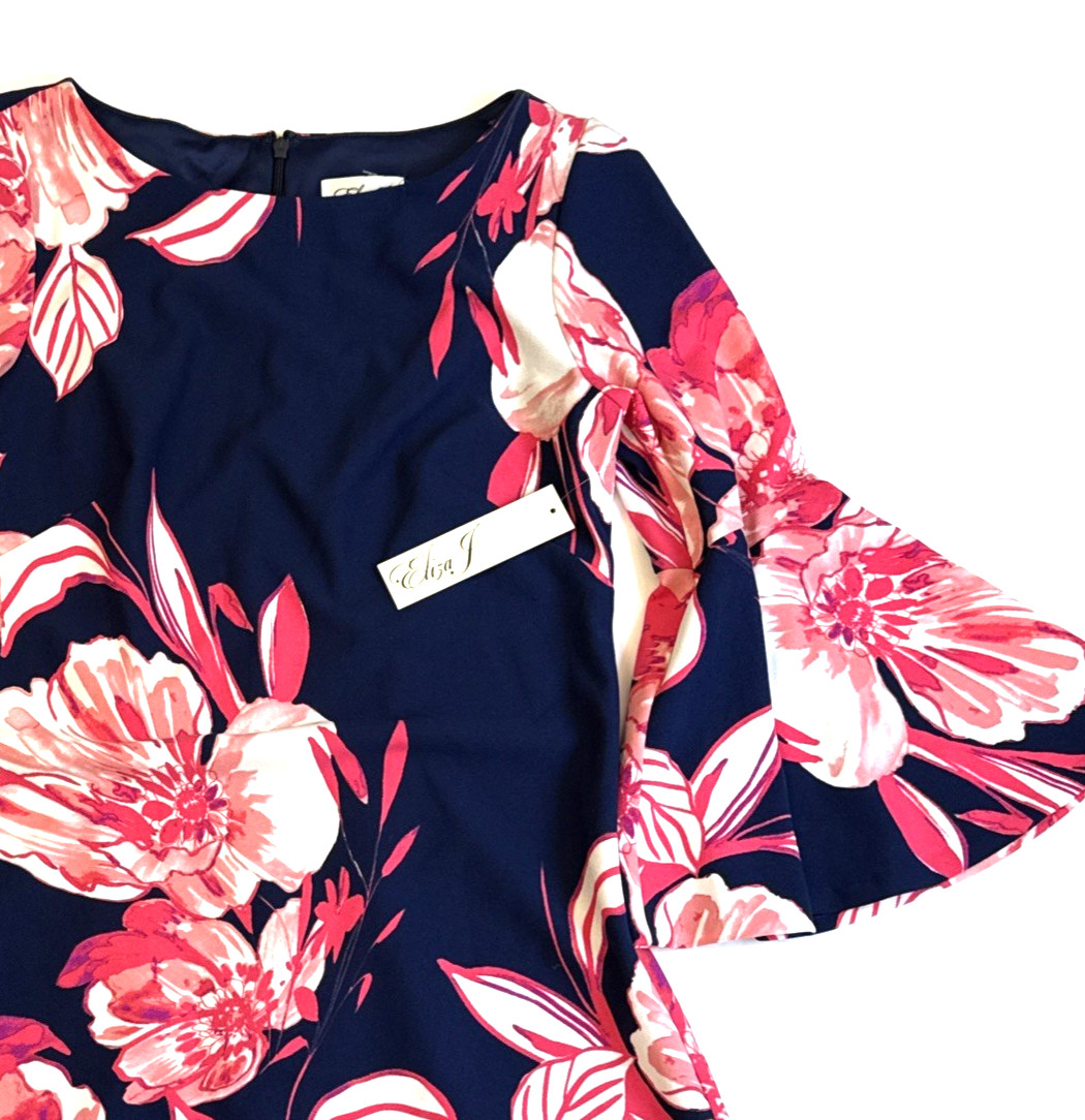 ELIZA J NWT $128 Beautiful Blue Pink Coral Floral Bell Sleeve Dress 6 Small NEW