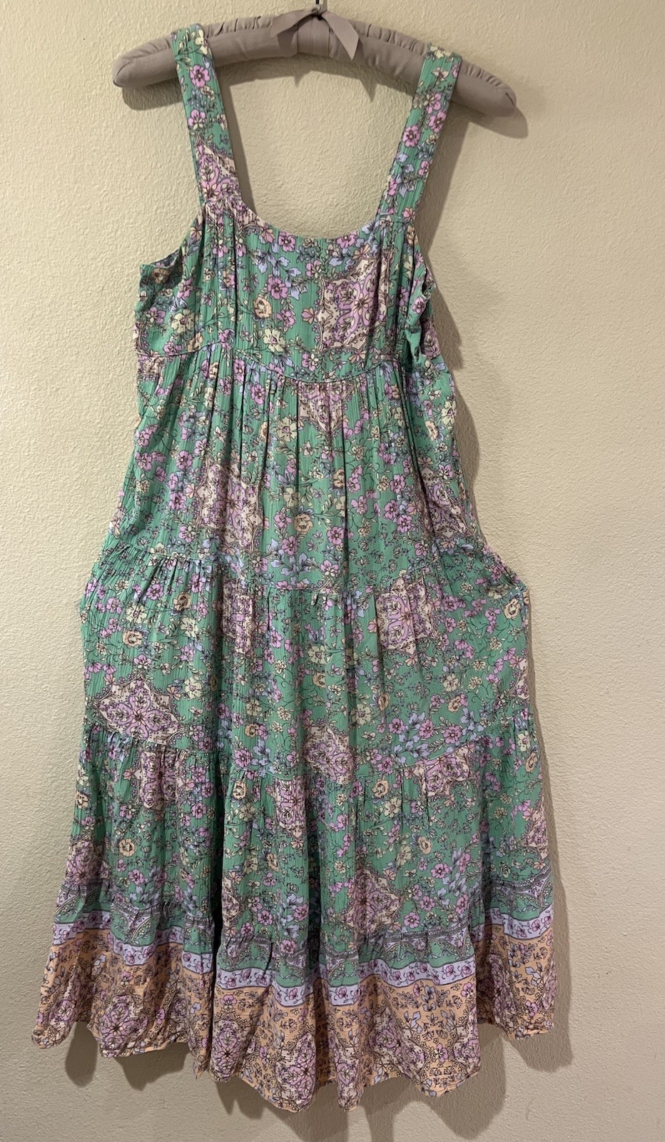 Billabong Floral Tiered Maxi Dress SzM Green Boho Cottagecore Garden Sundress s4