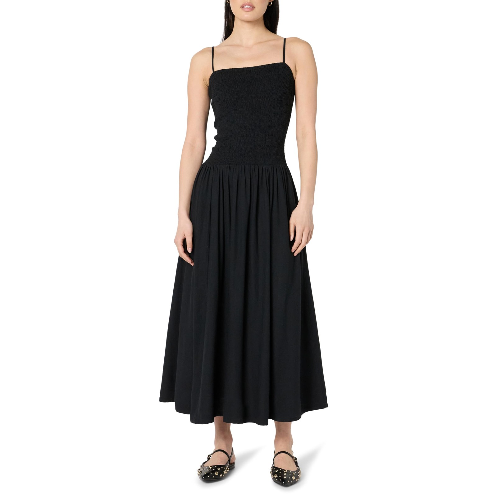 The Drop Women’s Florencia Smocked Bodice Maxi Dress Black Linen Regular Fit S