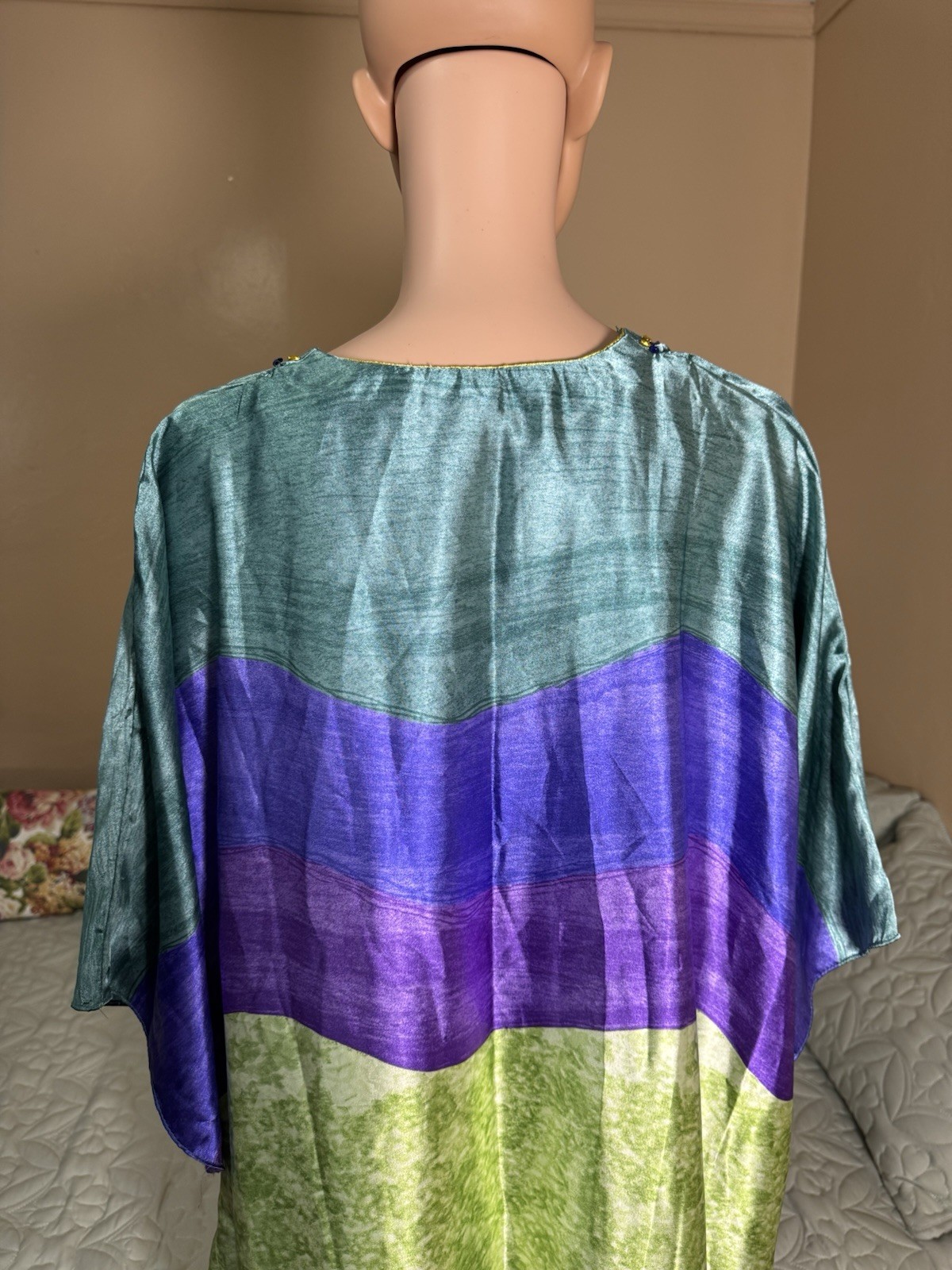 Santee Classics Colorblock Satin Kaftan Dress V-Neck Beaded Long One Size