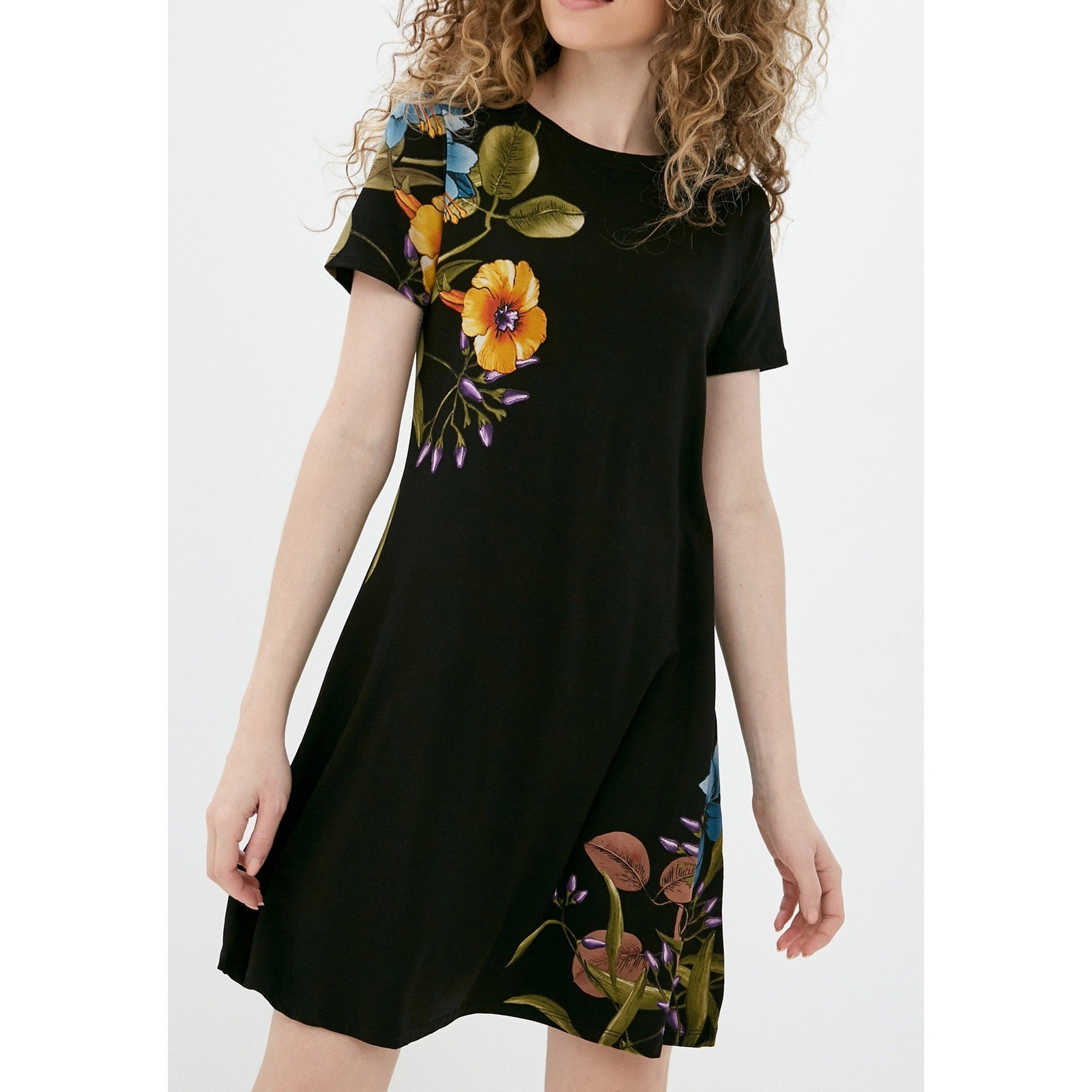NWT Desigual Black Floral Short Sleeve A-Line T-Shirt Dress Stretch XXL Spain