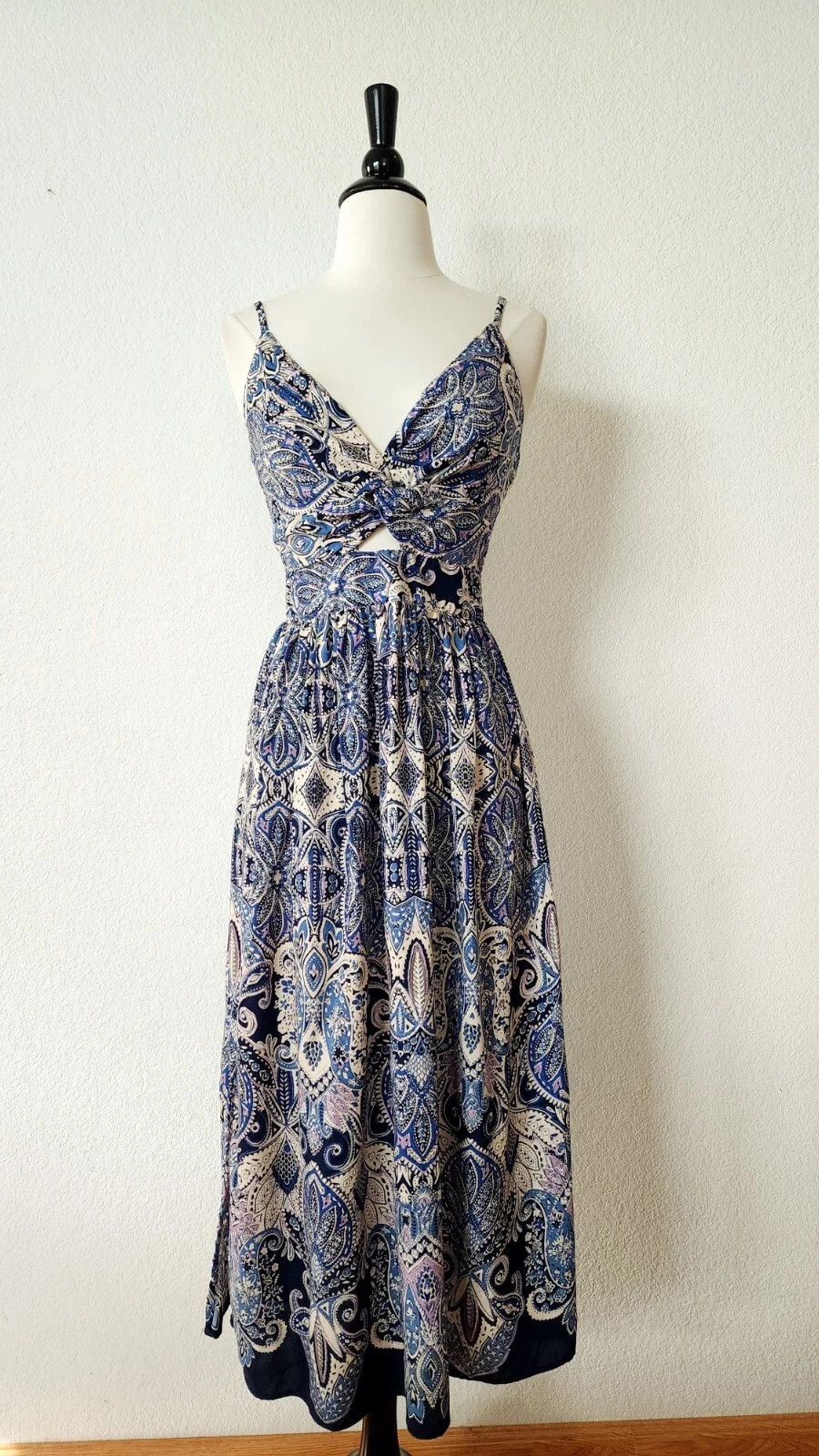 New Anthro Midi Dress Size Small Blue Floral Paisley Peasant Smocked Boho Brunch