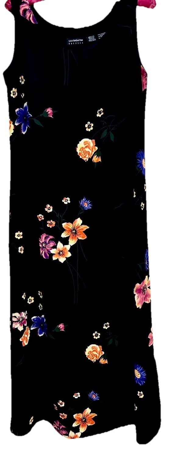 Liz Claiborne Dress 8 Silky Black Floral Y2K Midi Sundress Fully Lined Sheath