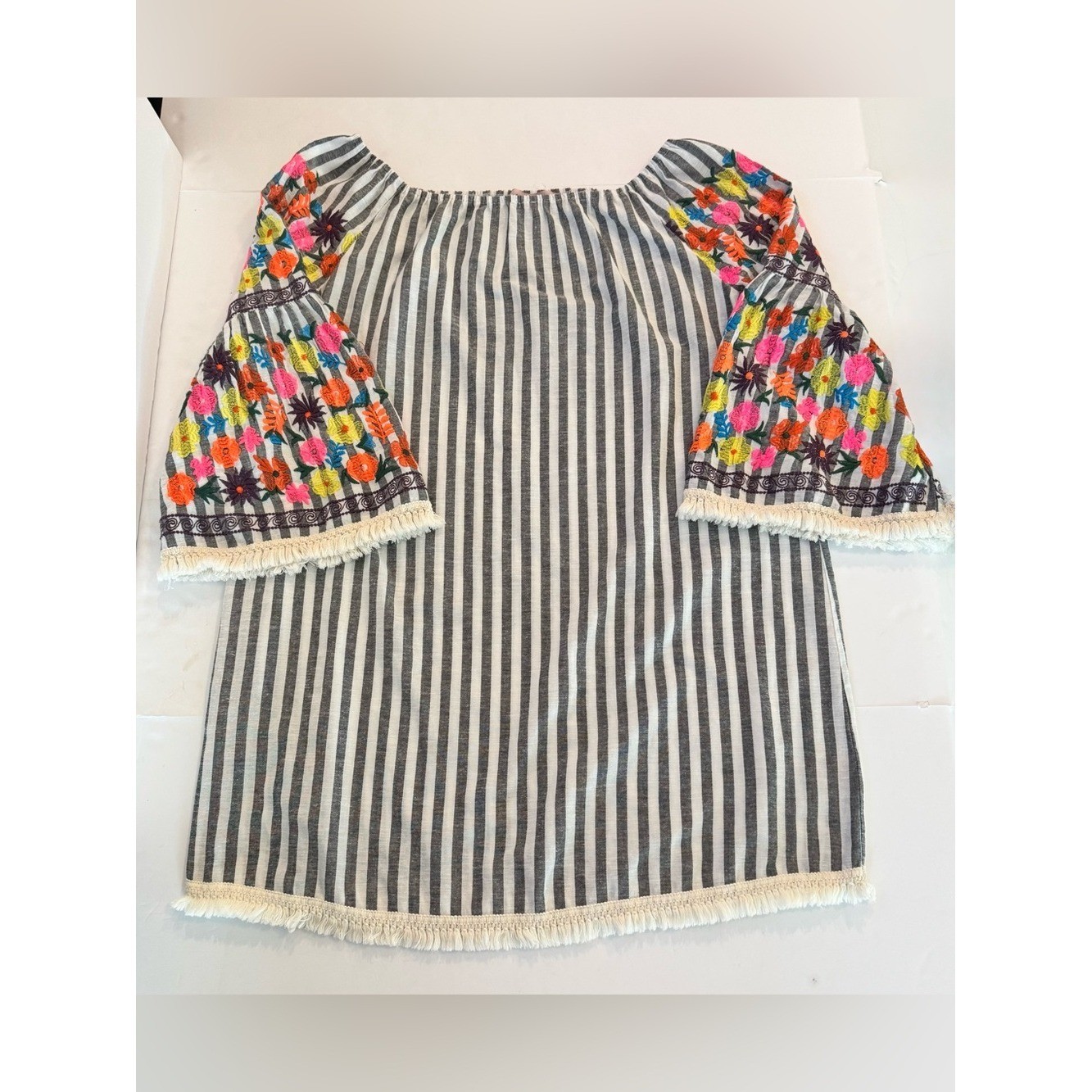 Philosophy Off-Shoulder Striped Tunic Mini Dress, Floral Embroidered Sleeves