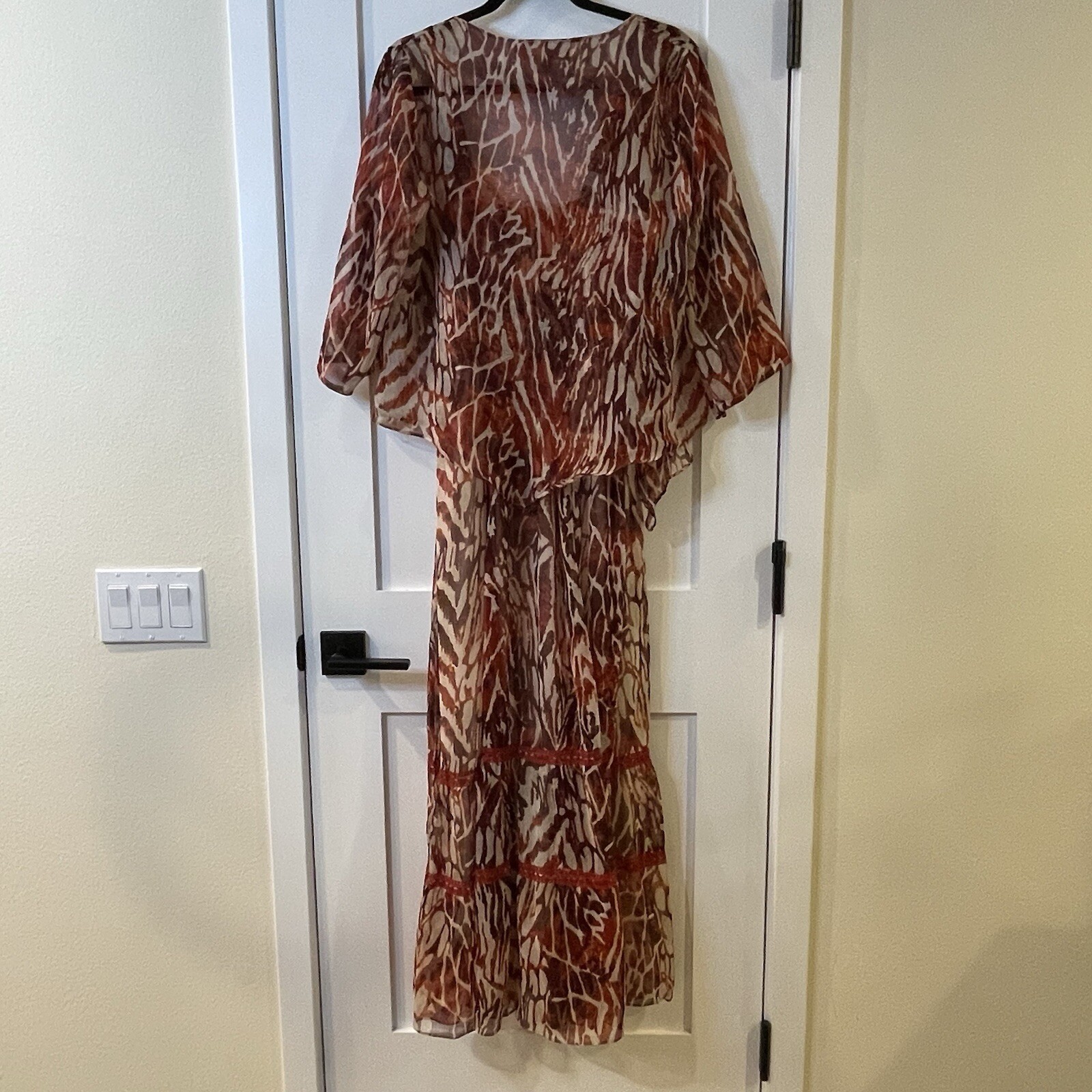 Jessica Taylor Maxi Dress Brown 2 pc Tier Chiffon XL Sleeves Boho Cruise Sheer