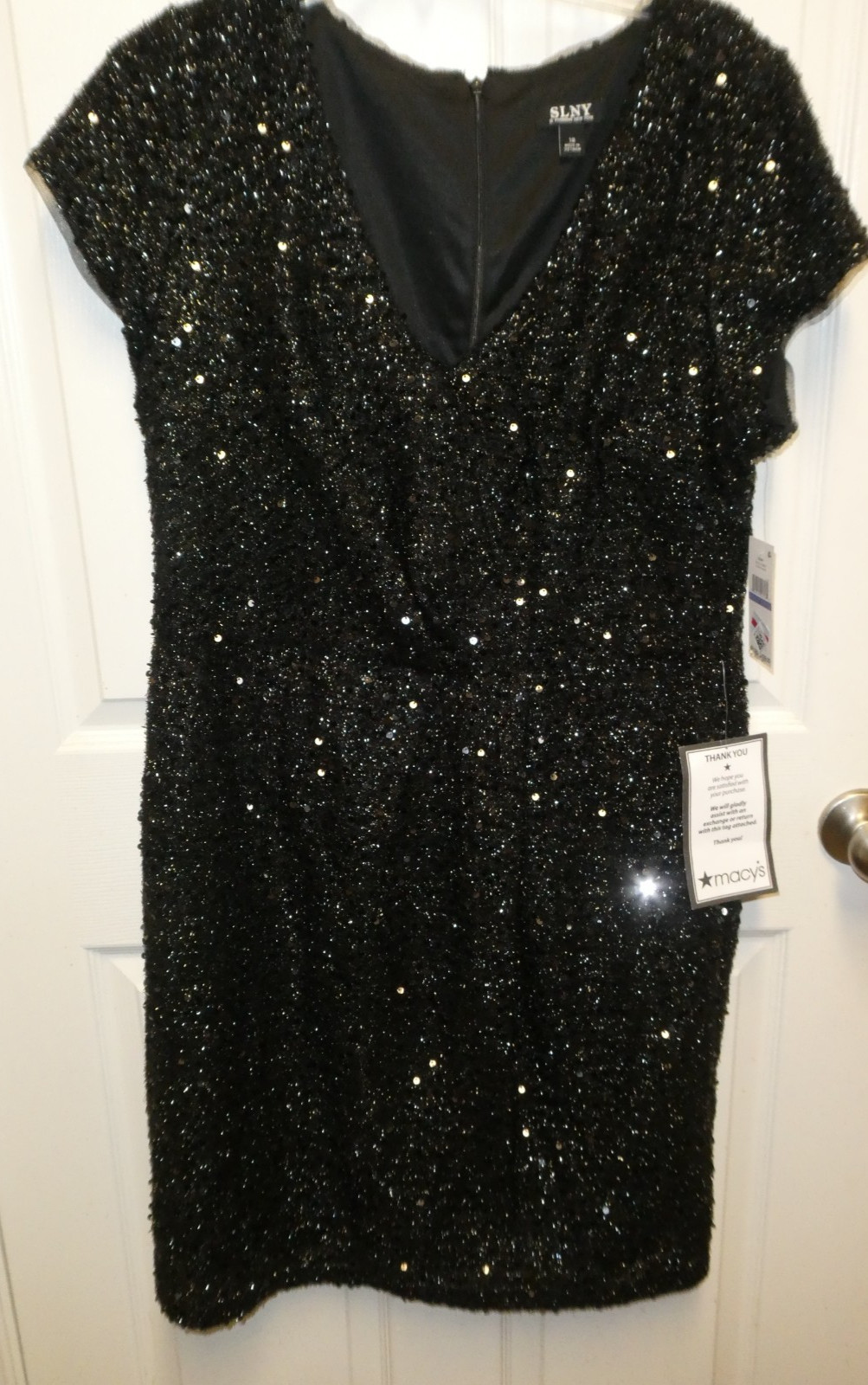 NWT SLNY Woman’s Black Sequined Short Sleeve Back Zip Party Cocktail Dress 18