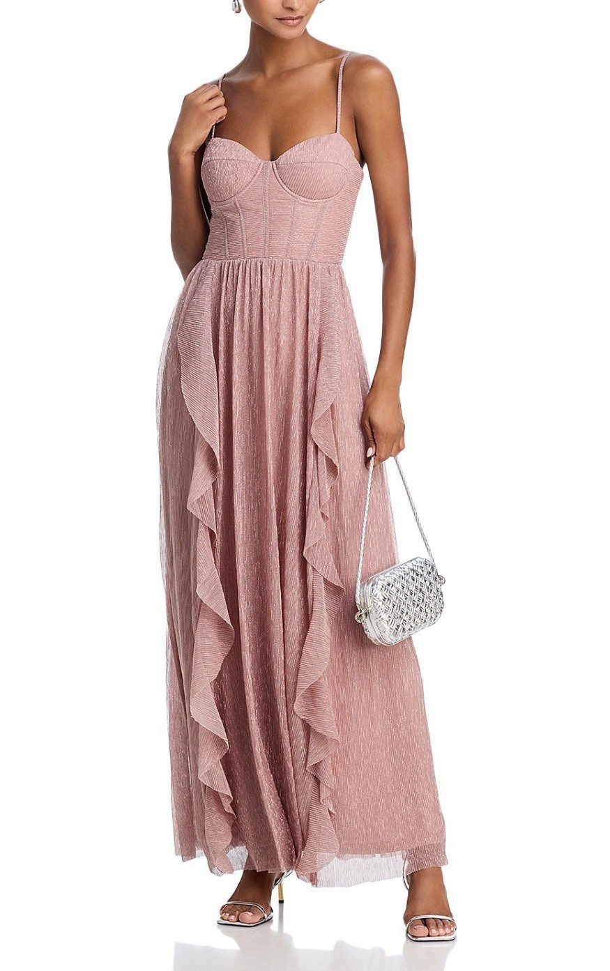 AQUA x Wicked Metallic Mesh Corset Ruffled Maxi Dress – Exclusive Collection