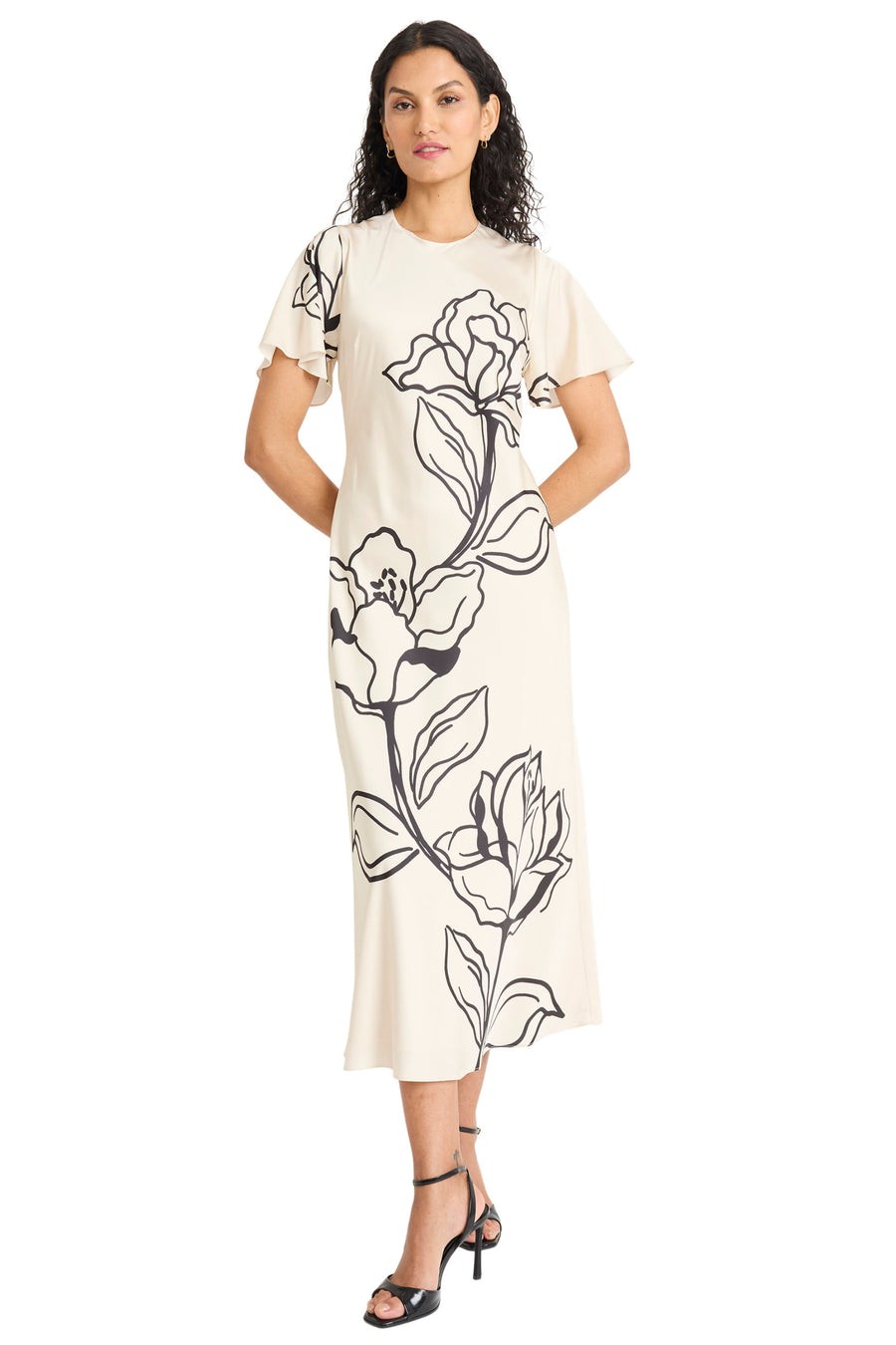 Maggy London Cocktail Dress 12 Cream Black Floral Midi Fluted Sleeve NWT FLAWS