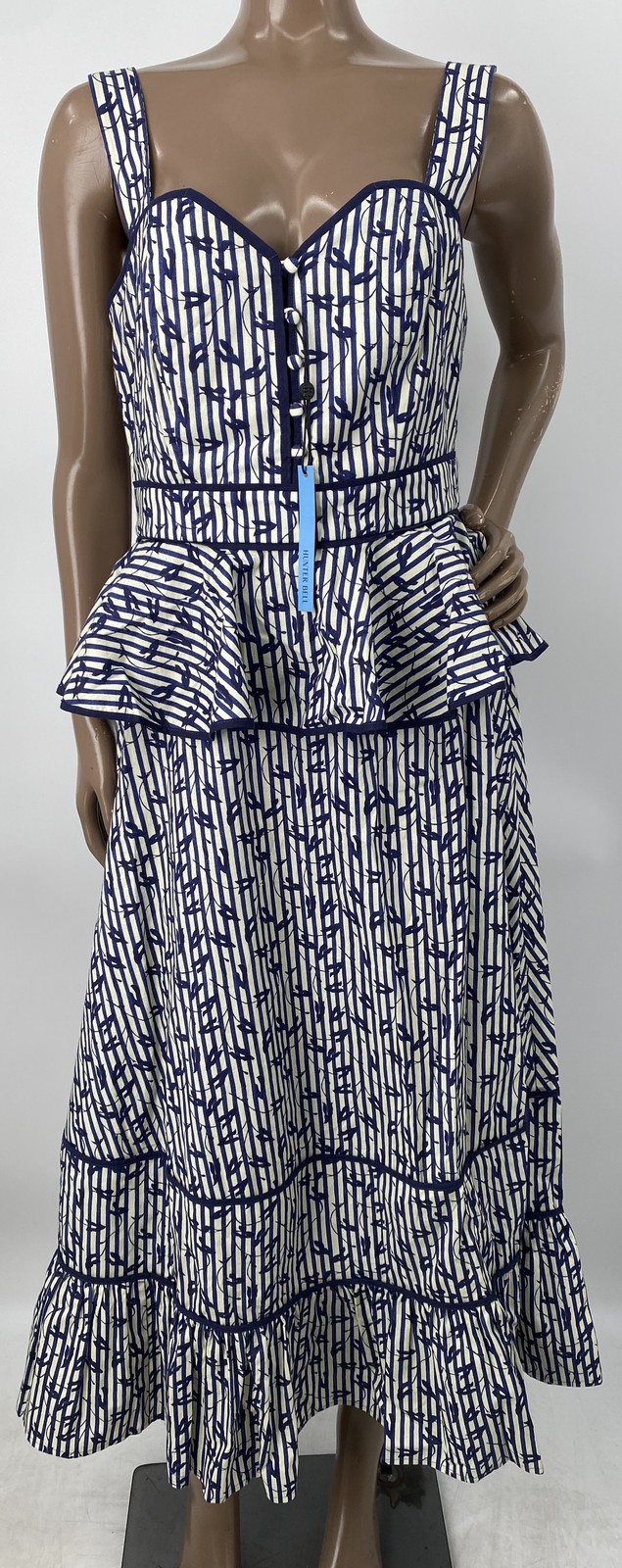 Hunter Bell Womens Midi Dress Navy Blue Size 6 Lacey Vine Stripe Peplum Tiered