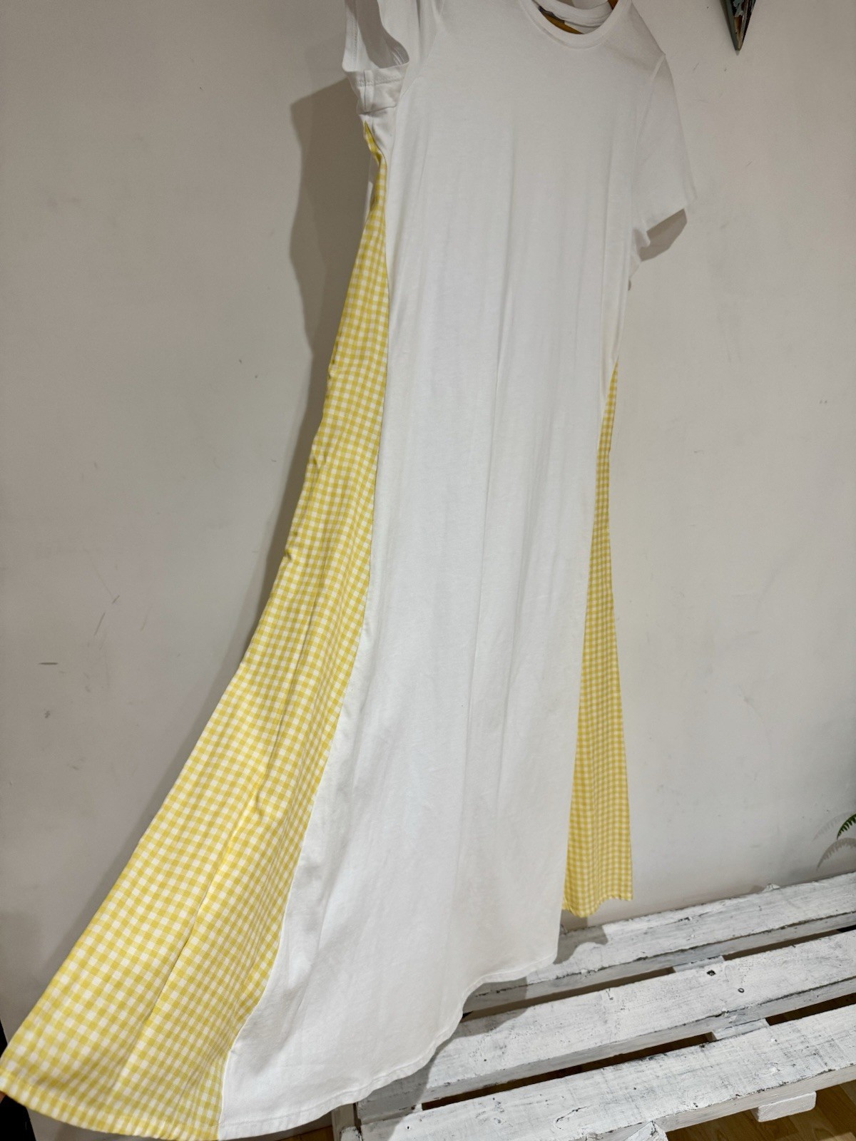 Oliver Bonas White & Yellow Gingham Checked Insert T-shirt Midi Dress Size 12