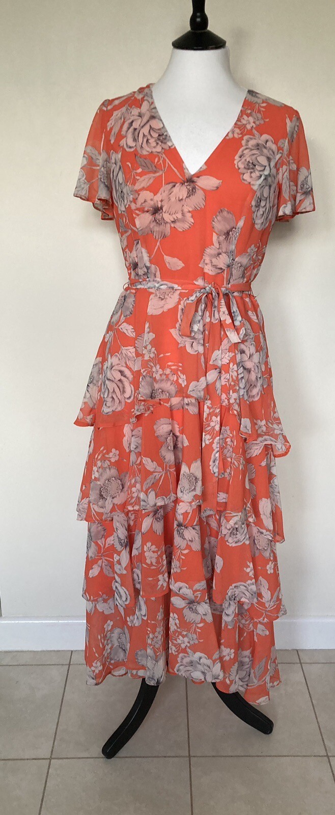 ROMAN ~ Orange Floral Short Floaty Sleeve Ruffle Layered Dress Sz 10