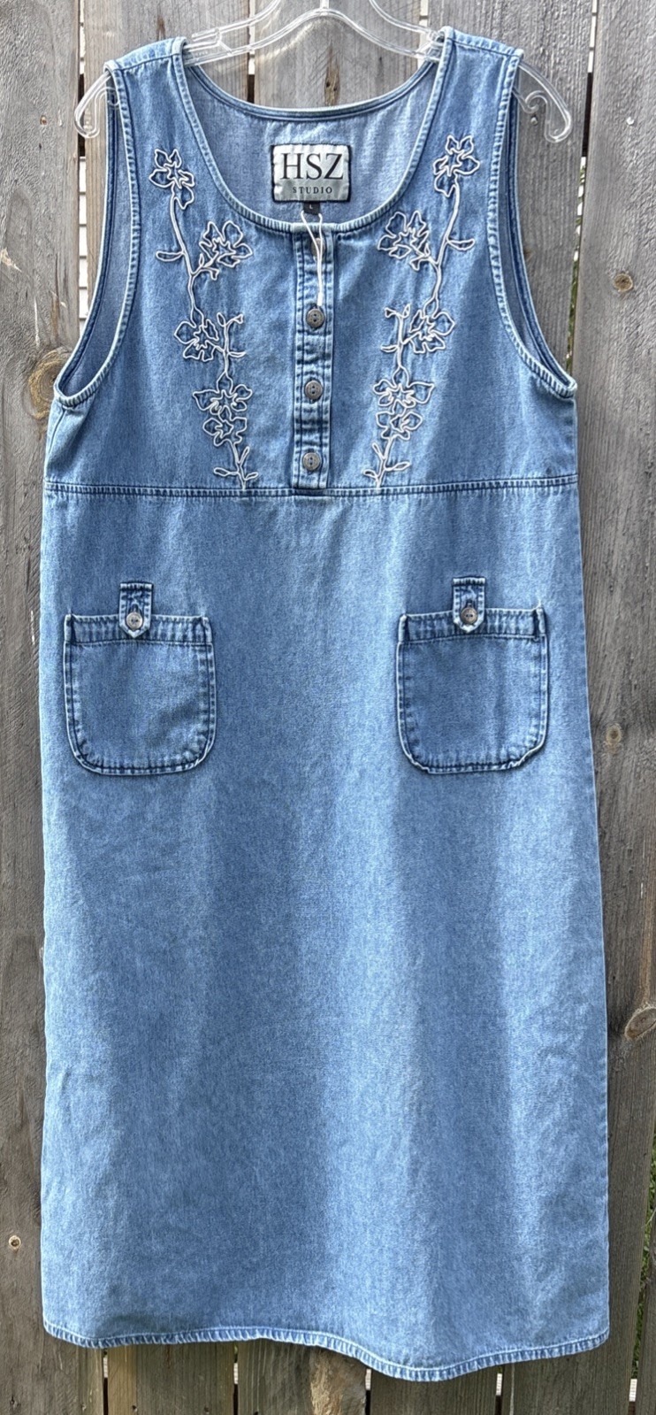 Vintage HSZ Studio Dress Large Long Sleeveless Blue Chambray W/White Embroidery