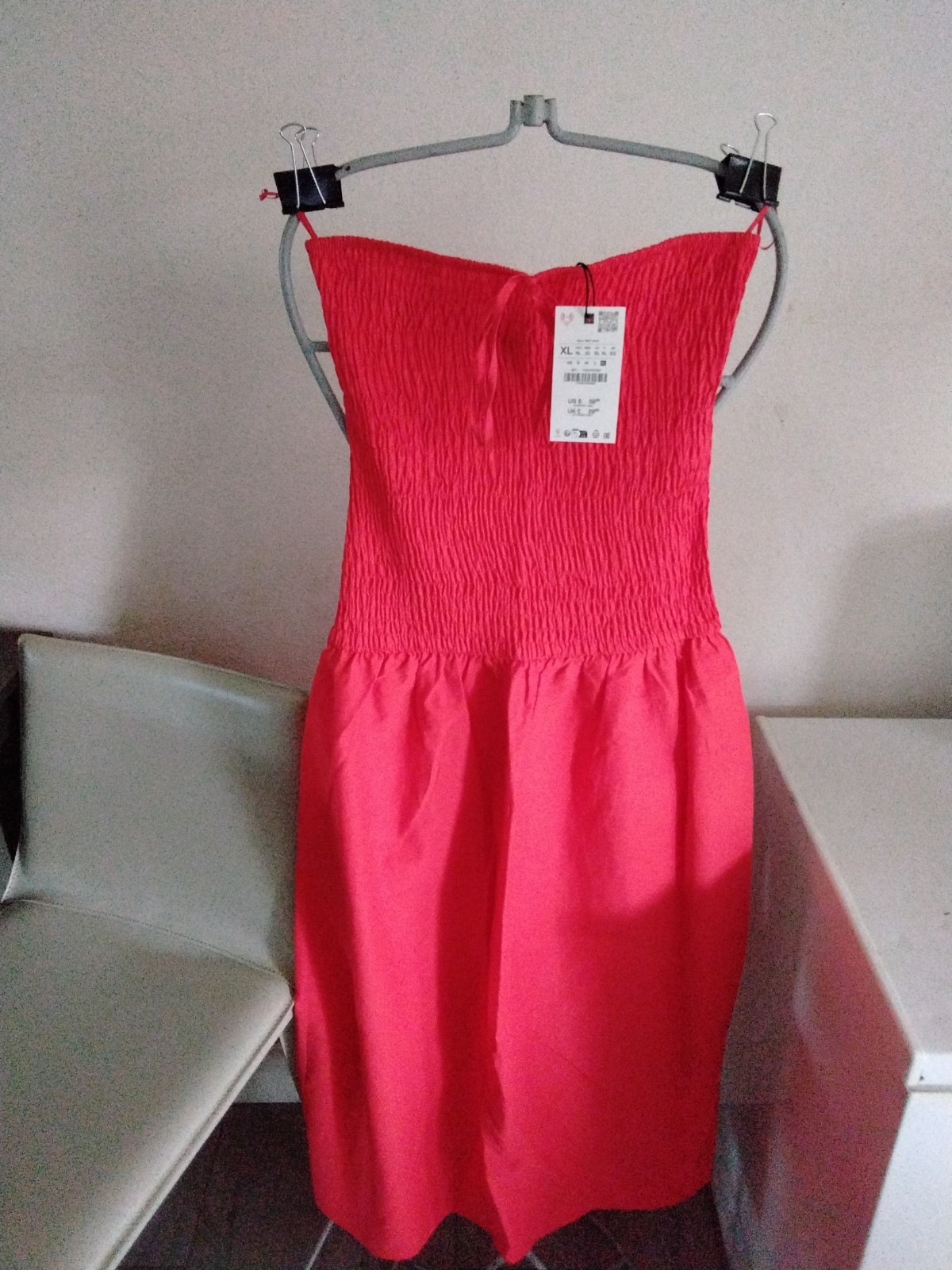 Women’s Zara Red Smocked Midi Dress Features A Strapless Neckline Size XL