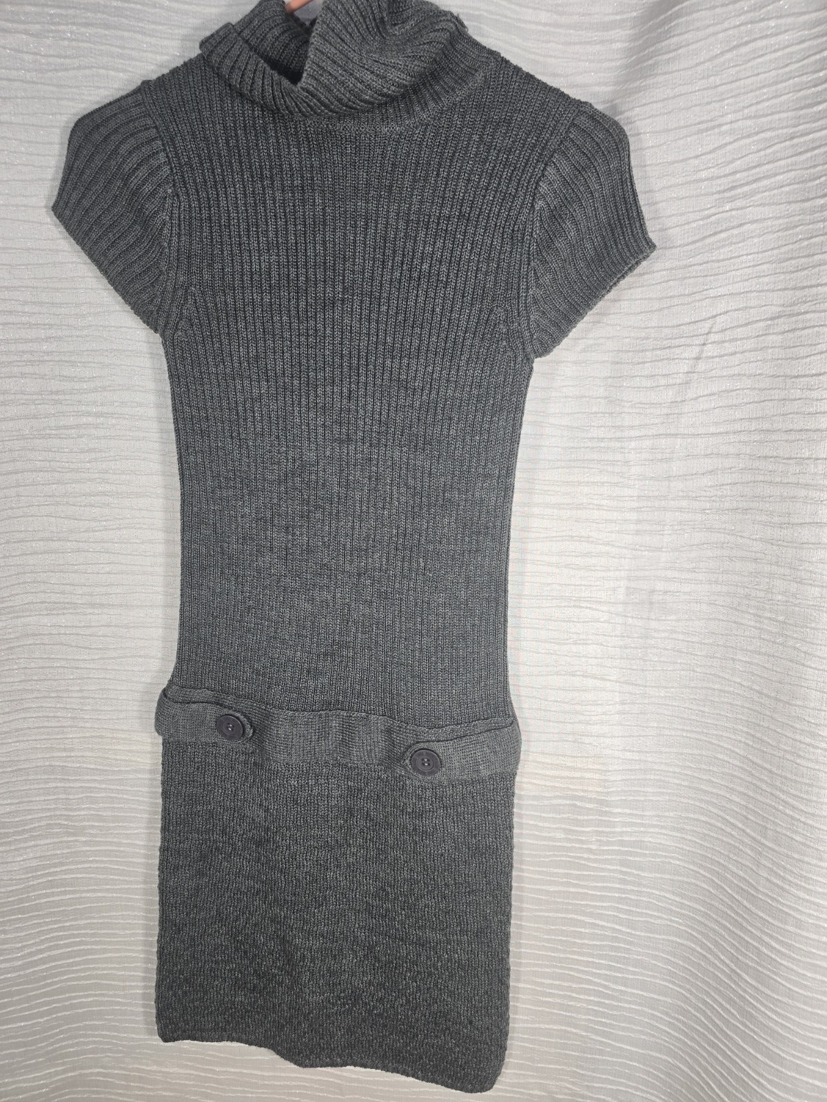 Grey Ribbed Cap-Sleeve Turtleneck Sweater Mini Dress Sz S