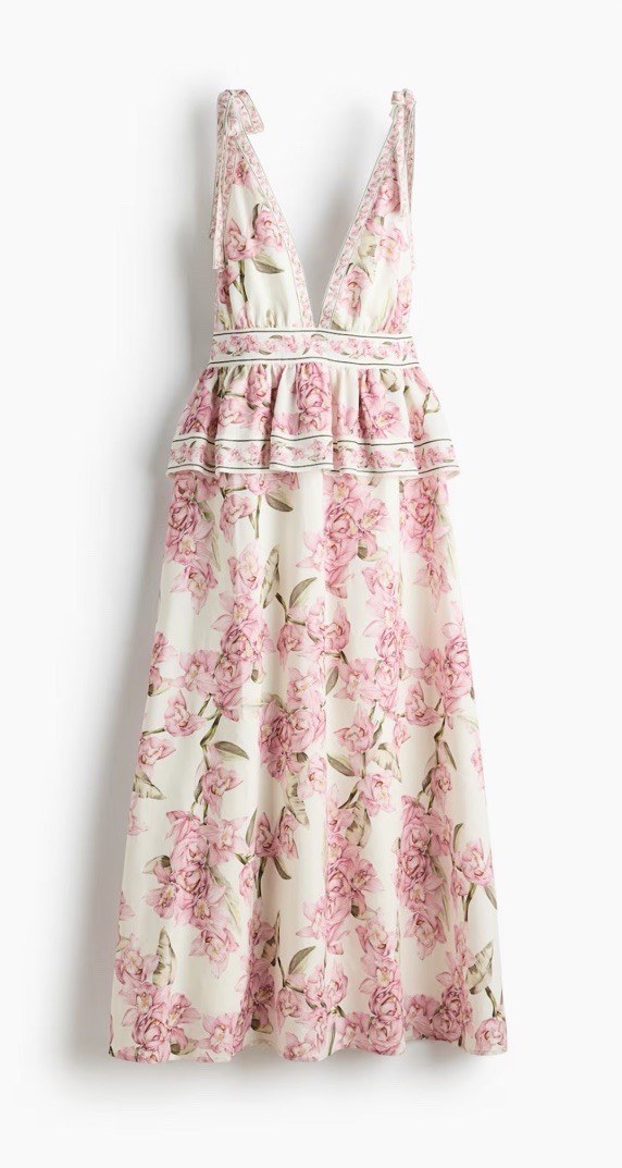 NWT H&M Linen-blend Peplum Dress Cream White/Pink/floral 1341273001 Size S