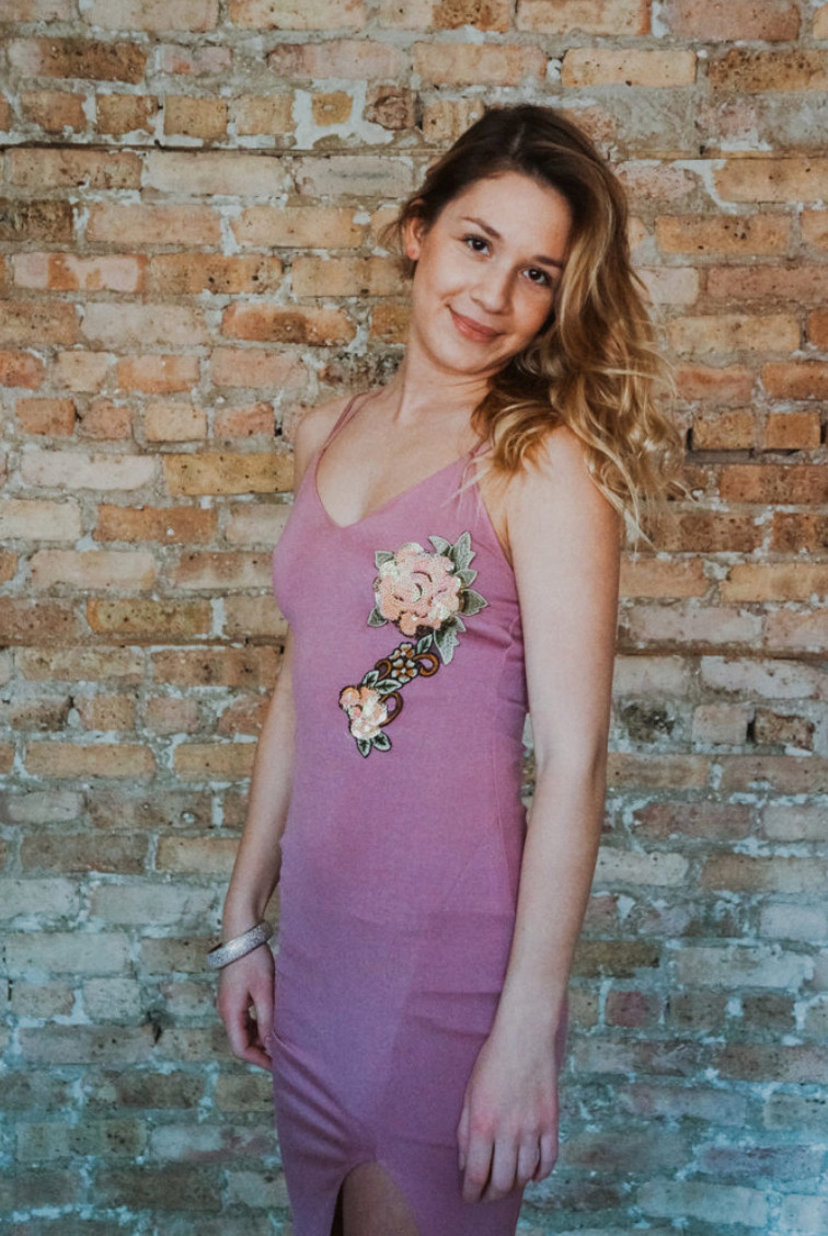Pink V-Neck Mini Dress With A Side Slit