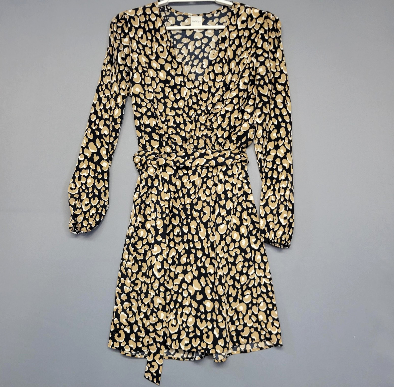 Kaileigh Leopard Wrap Dress Womens Small Black Tan Long Sleeve Belted V Neck