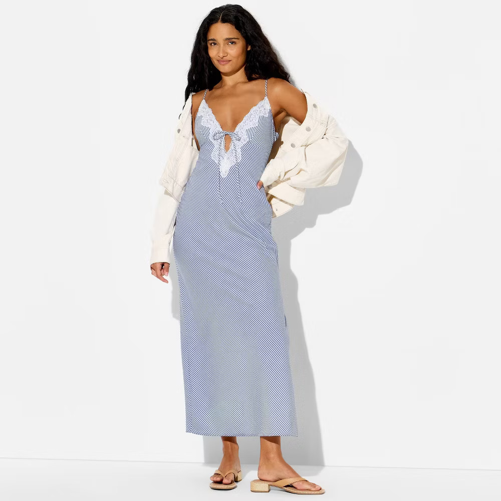 Women Lace Trim Maxi Empire Waist Dress – Wild Fable Blue Striped