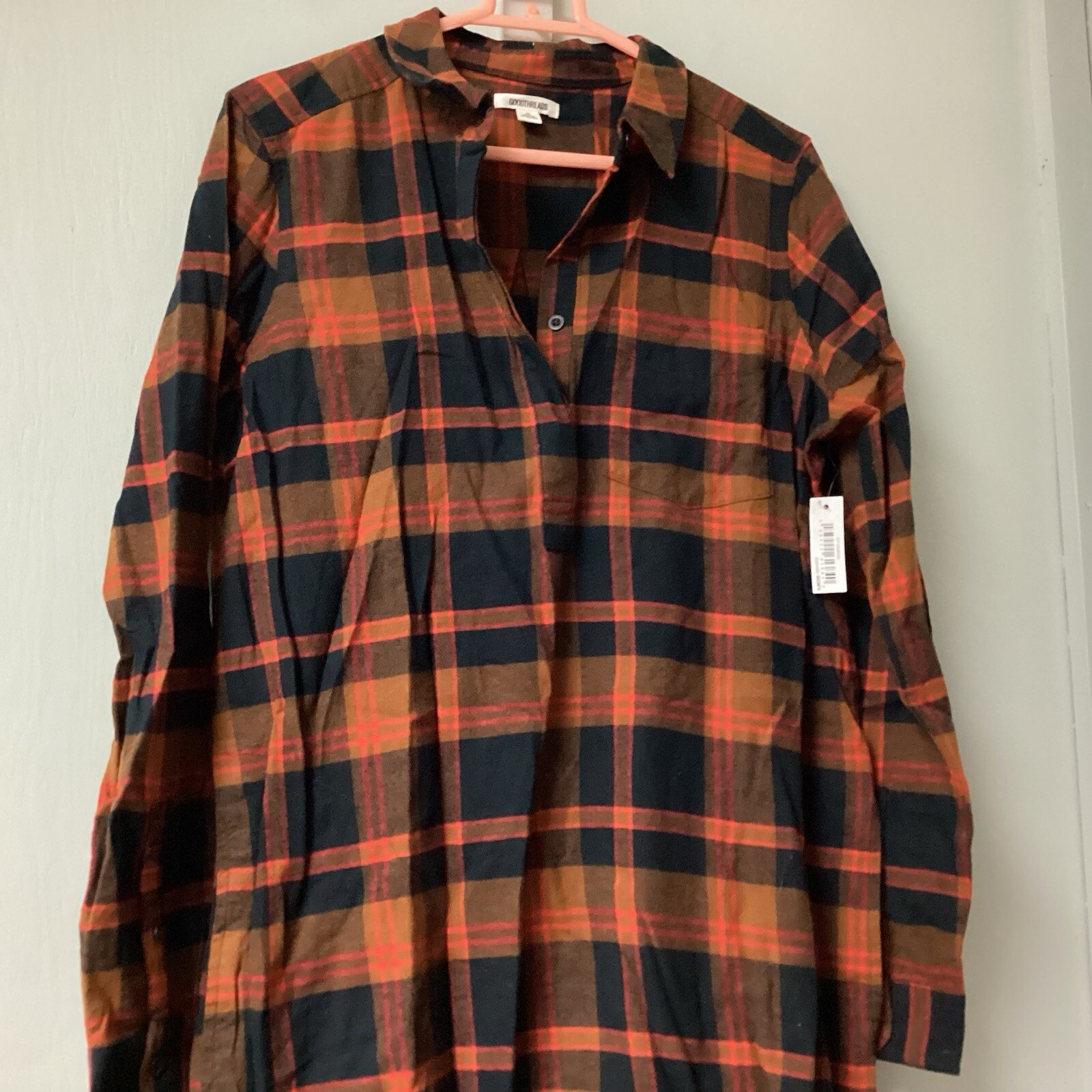 Goodthreads Women Medium Rustic Flannel Long-Sleeve Popover Shirt Dress Pock New