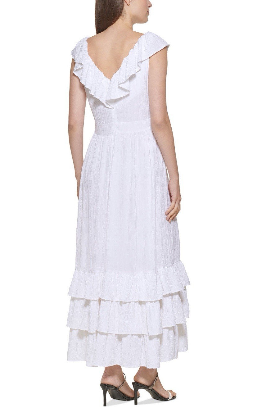 🔥 $139 CALVIN KLEIN Women’s Ruffled Maxi Dress Size 2 White 🔥