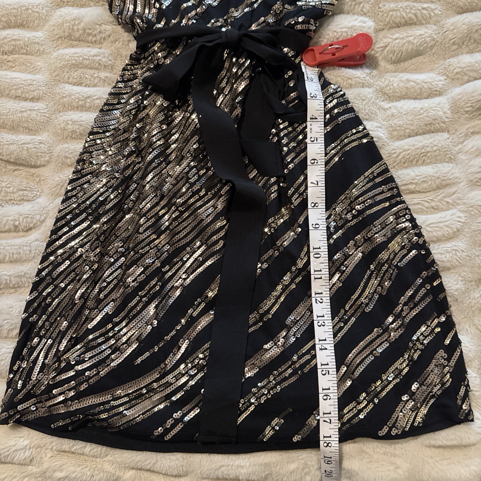 Express Black Gold Sequin Midi Dress Deep V Open Back Satin Belt Size Small