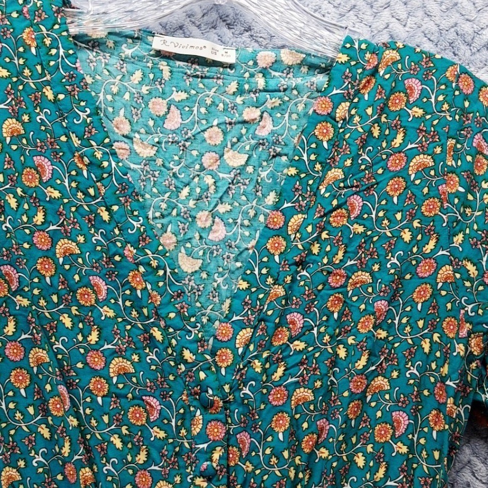 R. Vivimos Teal Floral Boho Maxi Dress Short Sleeve Tassel Pom Trim Size M 8/10