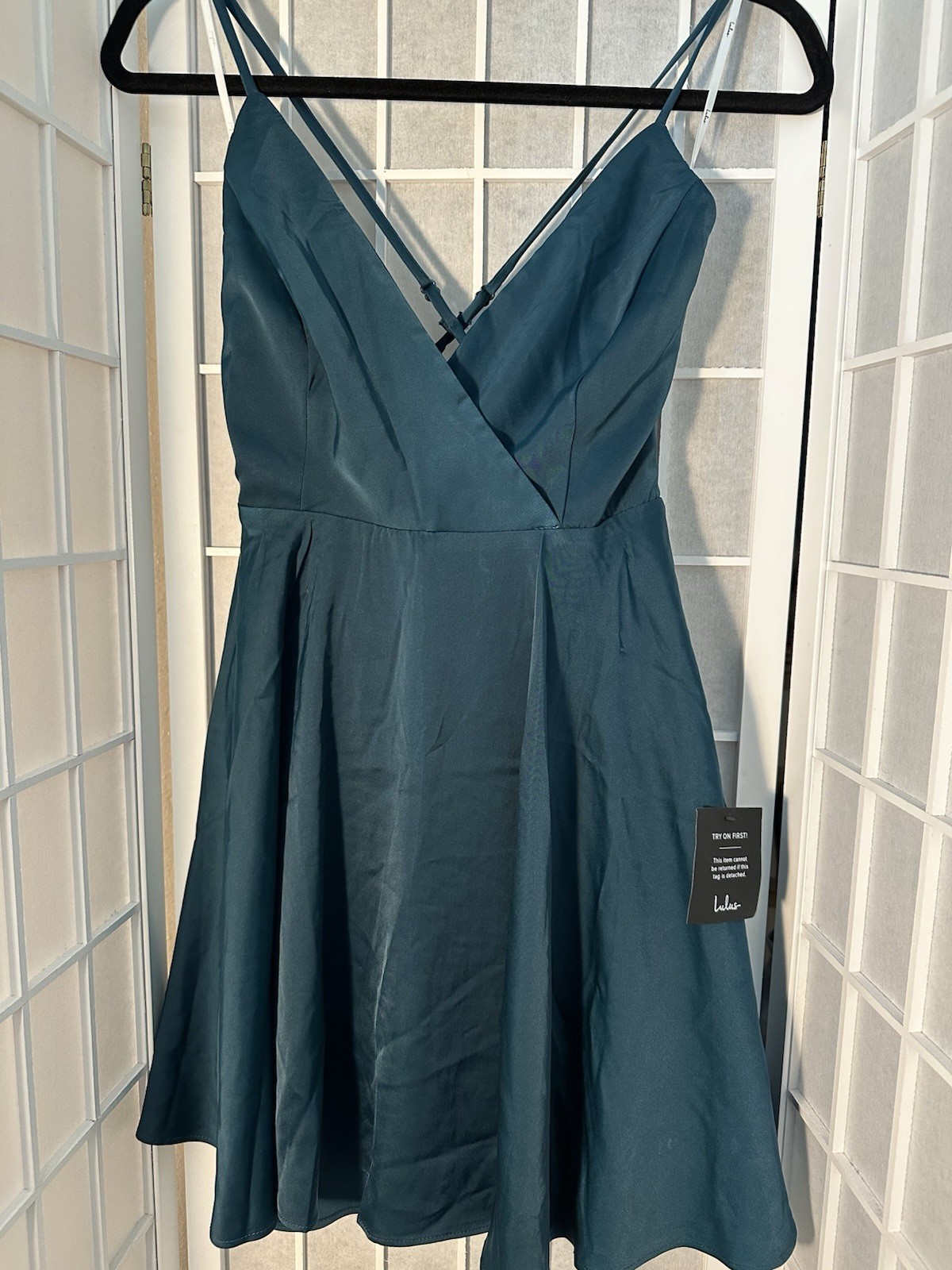 Lulus Teal Satin Fit & Flare V-Neck Sleeveless Strappy Bow Short Dress S