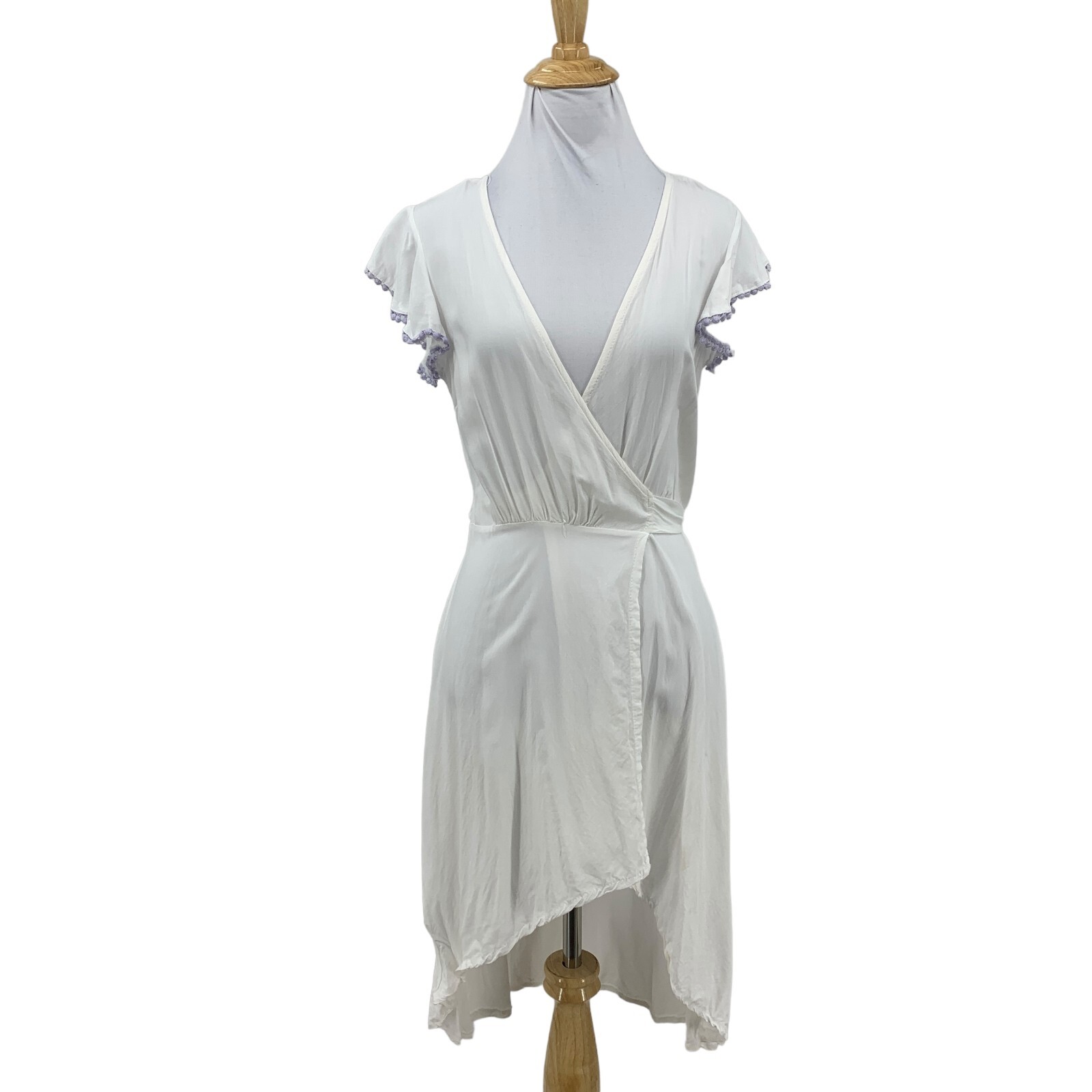 Jaase Wrap Dress Womens XS Extra Small White Flutter Sleeves High Low Semi Sheer