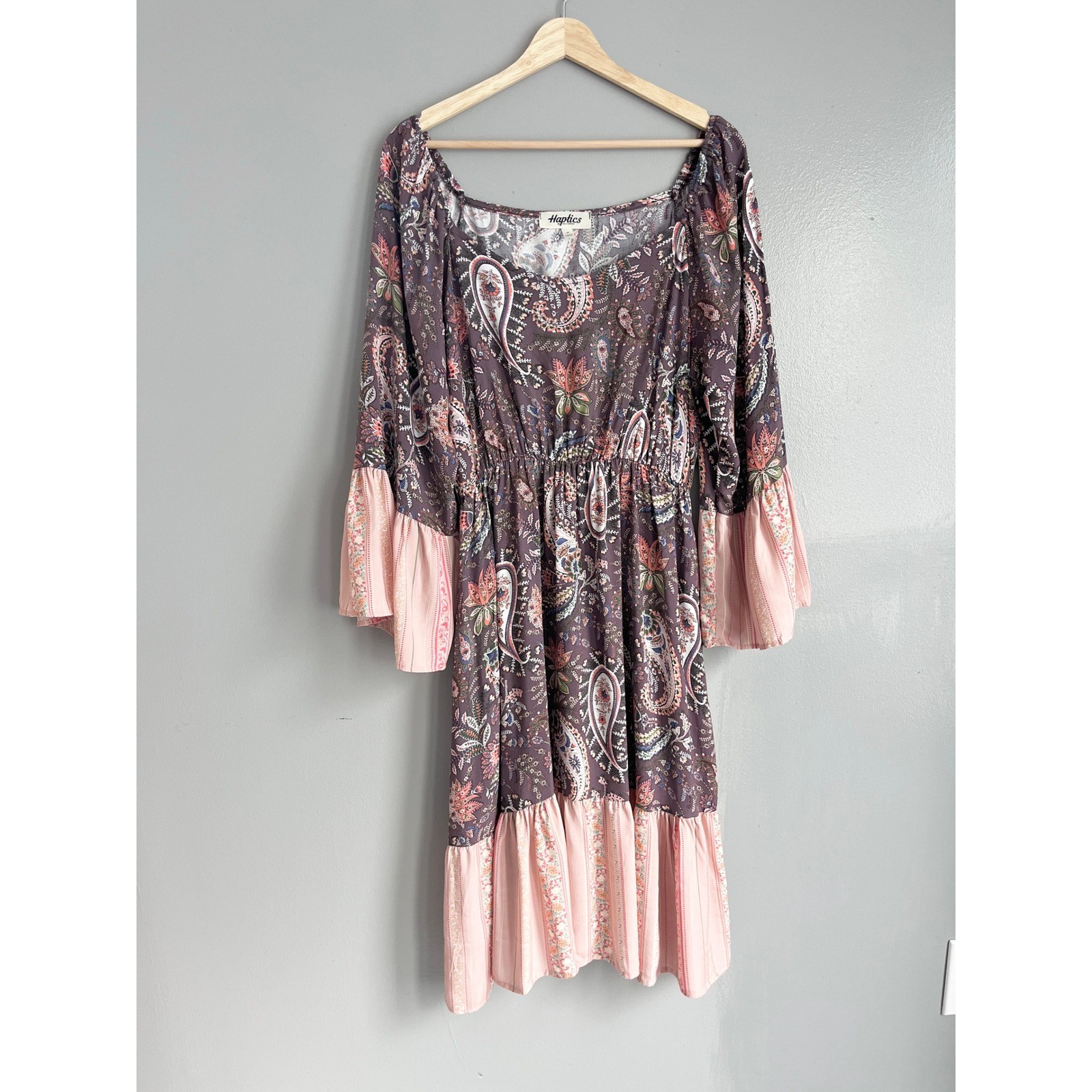 Haptics Holly Harper Womens Paisley Boho Dress Peasant Pink Purple Bell Sleeve M