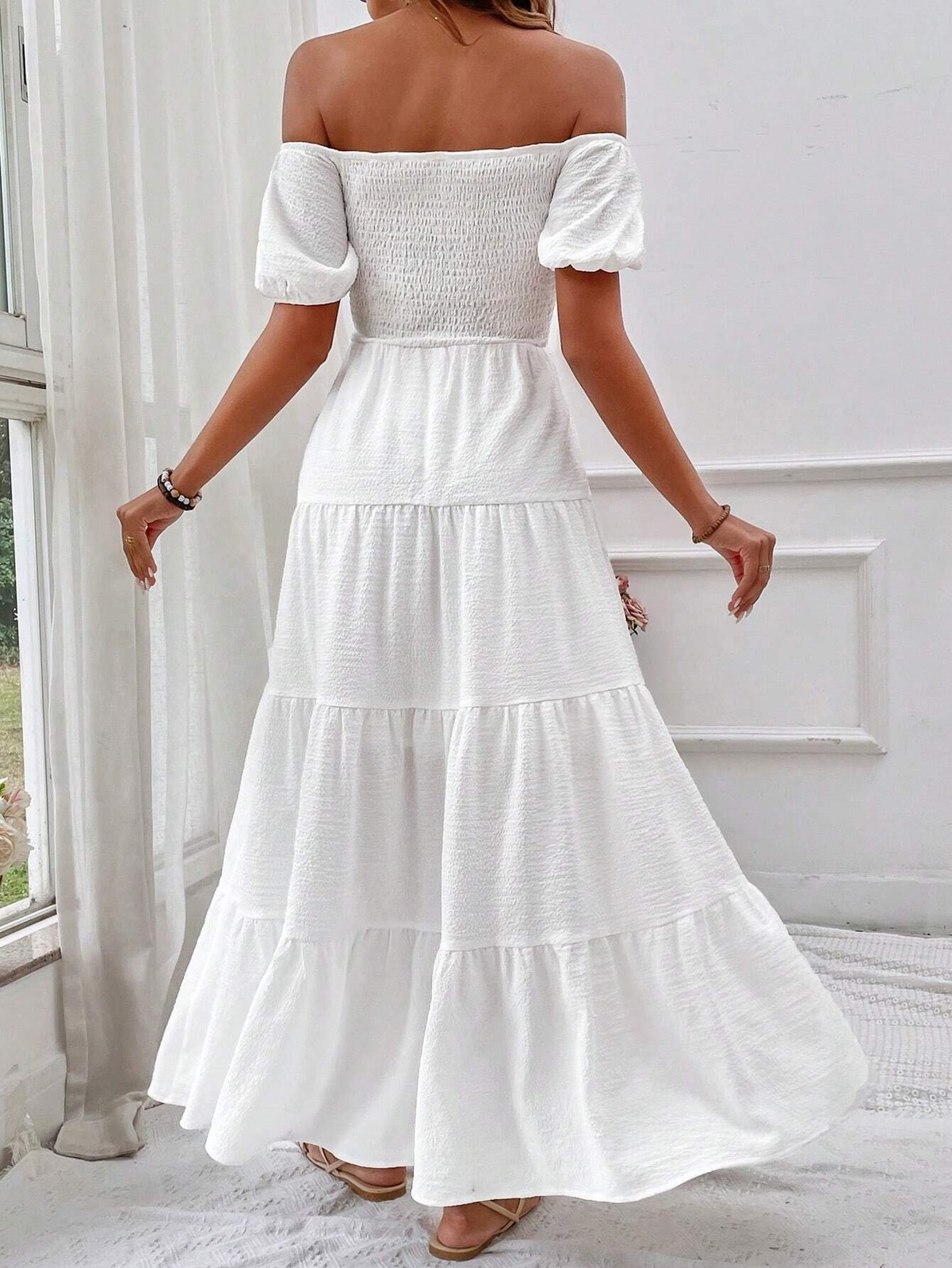 Elegant ladies off shoulder holiday dress in white