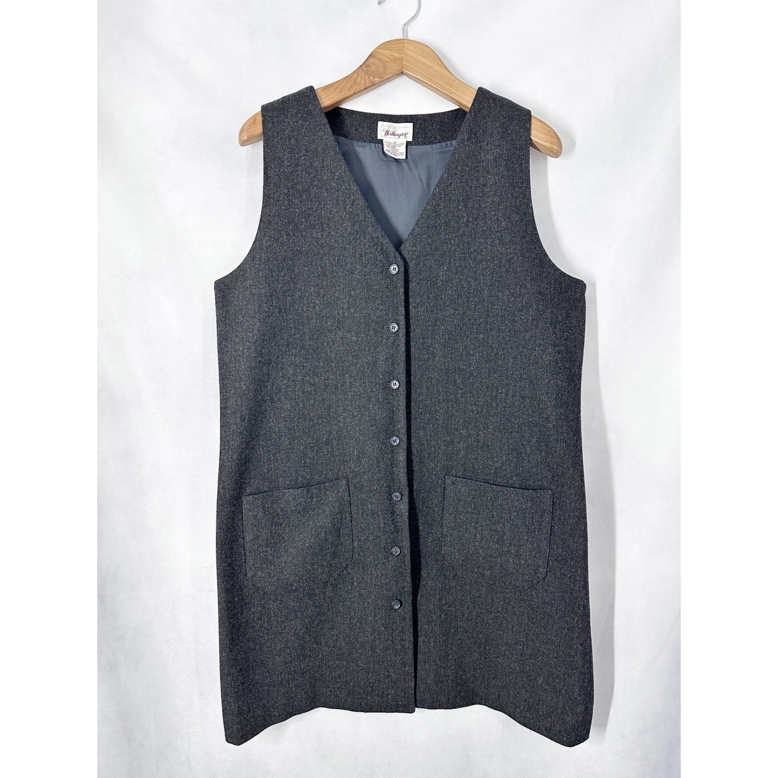 Vintage 100% Wool Worthington Sleeveless Gray Button Front Dress Womens Size 18