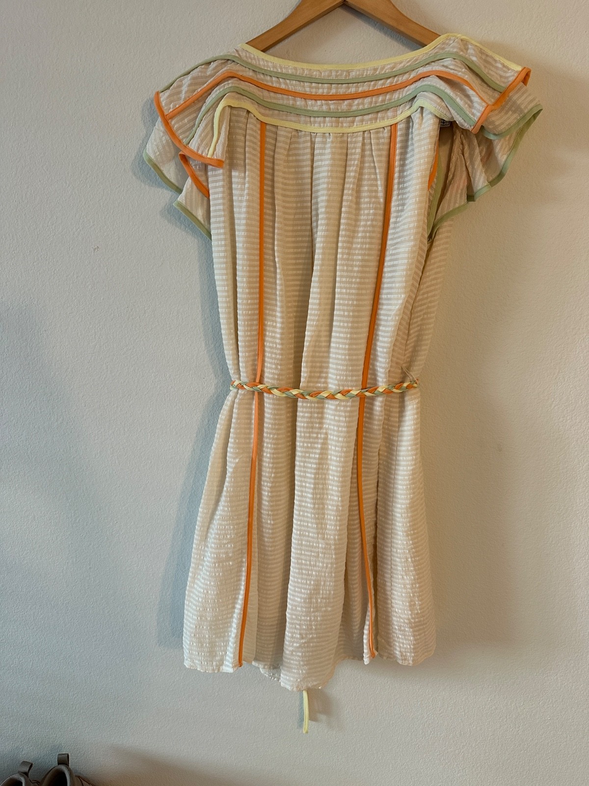 Current Air Ruffle Sleeve Belted Mini Dress Cream Stripe Women’s M