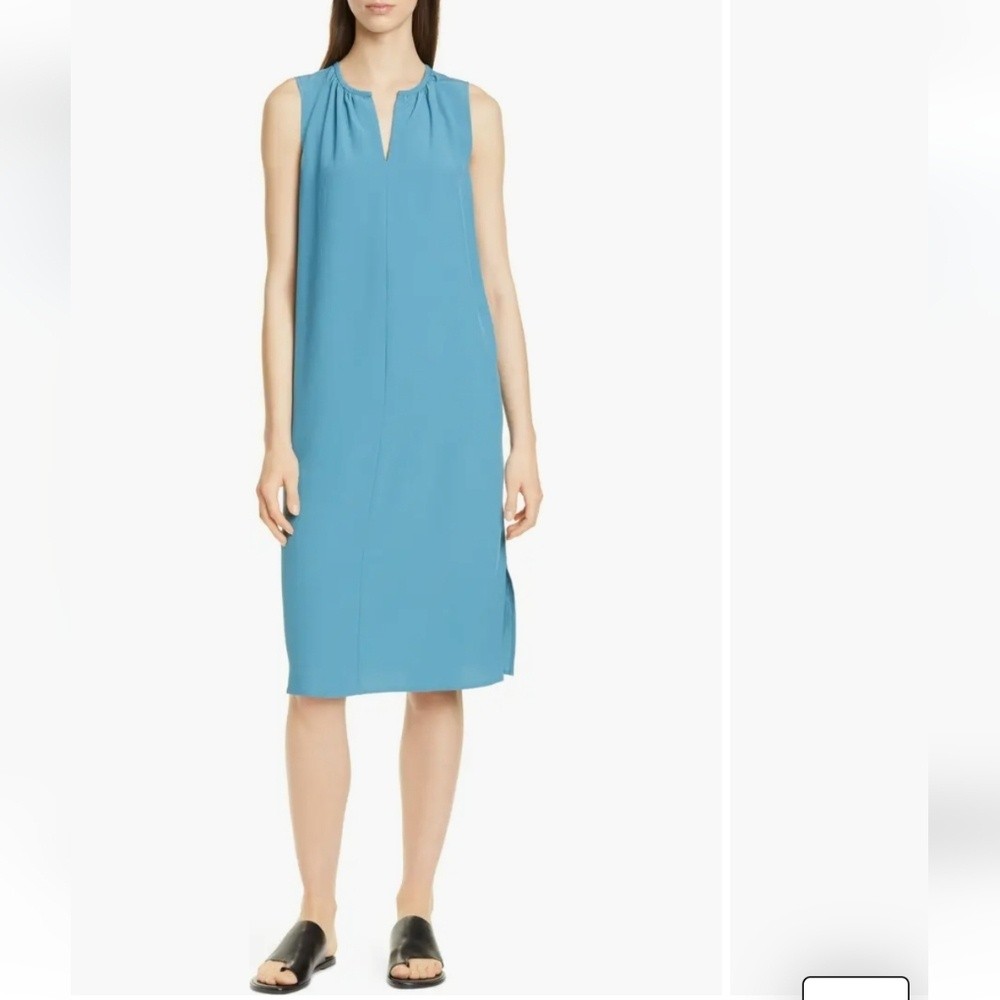 Eileen Fisher Shift Dress Sleeveless Round Split Neck Crepe Tencel Red Orange XS