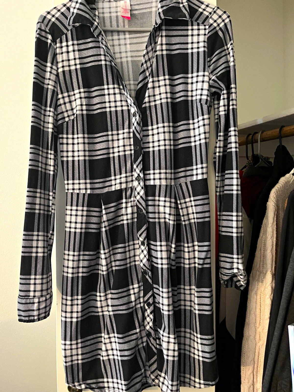 Women’s Black/White Plaid Collared Button Front Long Sleeve Shirt Dress Size S